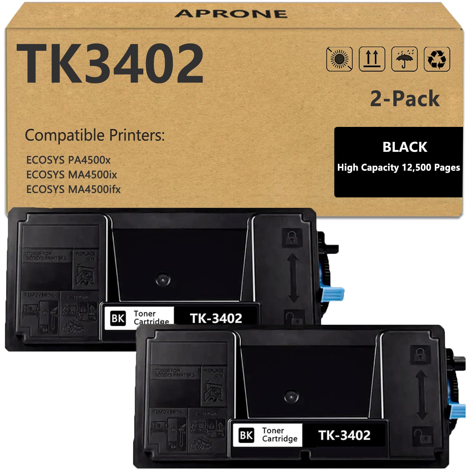 TK-3402 Black Toner Cartridge (2-Pack) - Compatible with Kyocera TK3402/1T0C0Y0US0 for ECOSYS PA4500x/MA4500ix/MA4500ifx Laser Printers - 12,500 Pages - High Yield Replacement Toner for Office & Home Printing