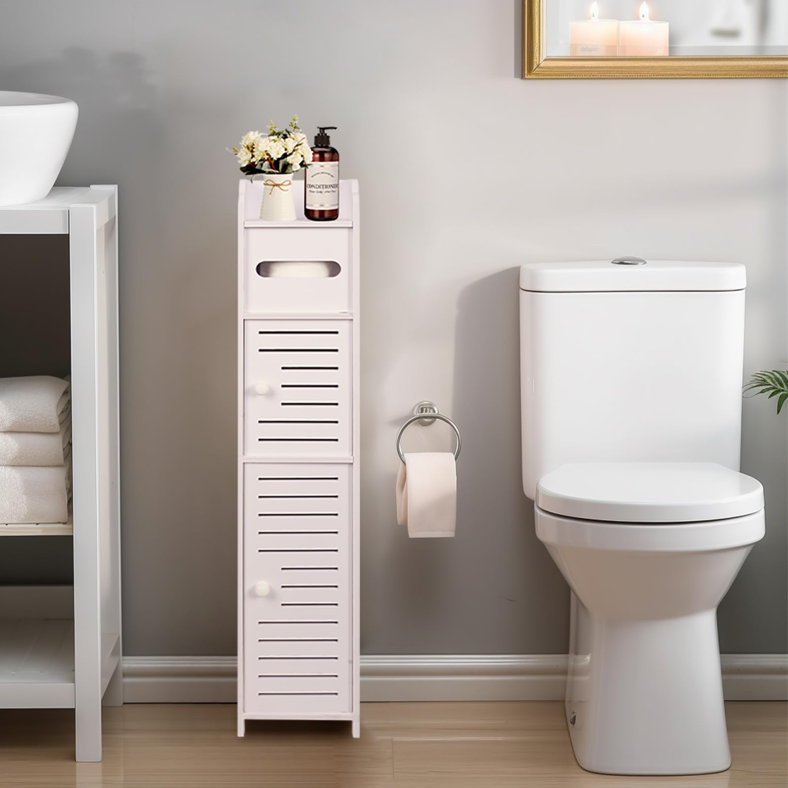 ShellKingdom White Toilet Paper Holder Stand with Doors and Shelves - Slim Bathroom Storage Cabinet for Small Spaces, Corner Floor - Perfect for Compact Bathrooms, Apartments & Powder Rooms
