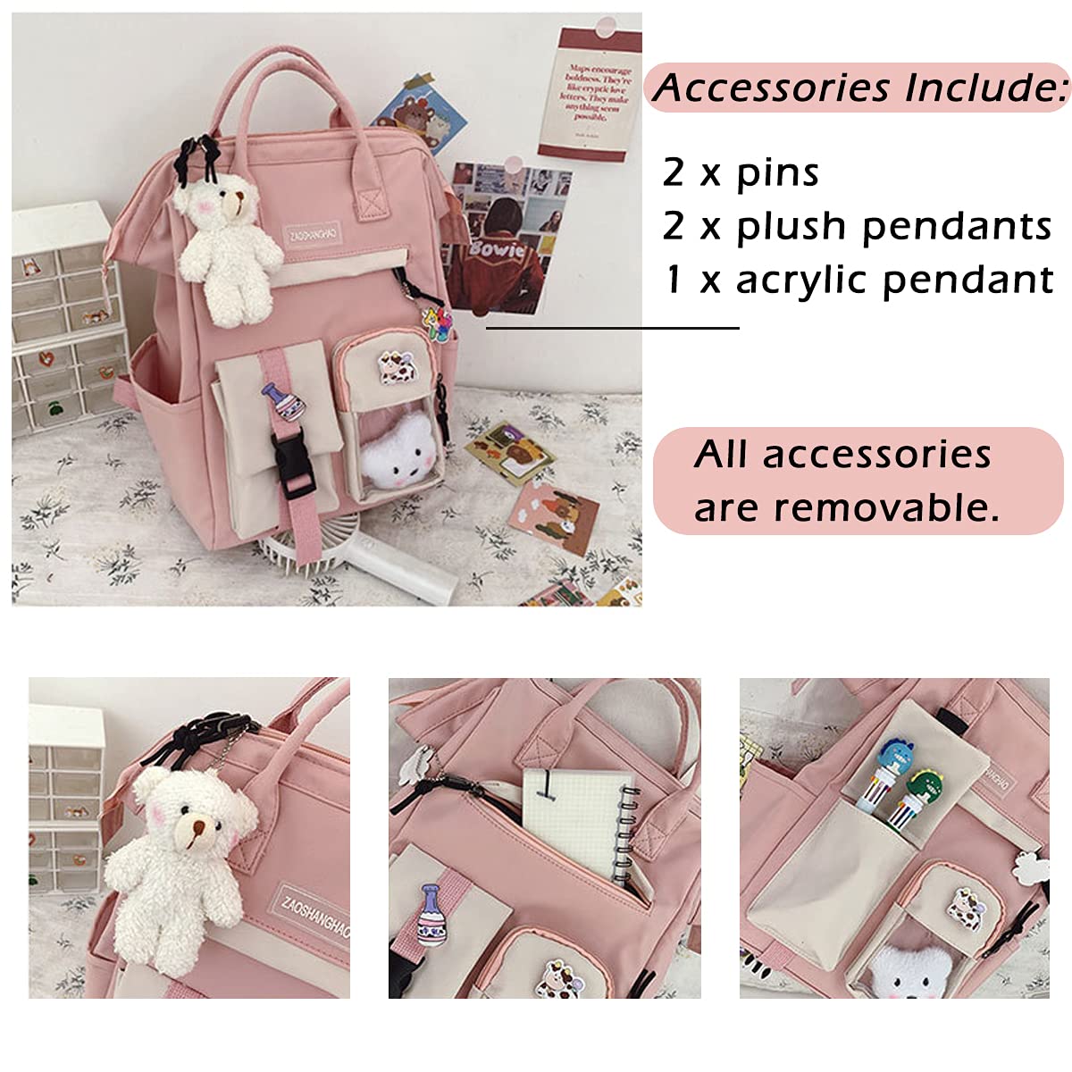Cute Kawaii Backpack for Girls & Women - Bear Pin Accessories, Lightweight Laptop Bookbag for College & High School, Durable Black Backpack - Perfect for School, Travel & Everyday Use