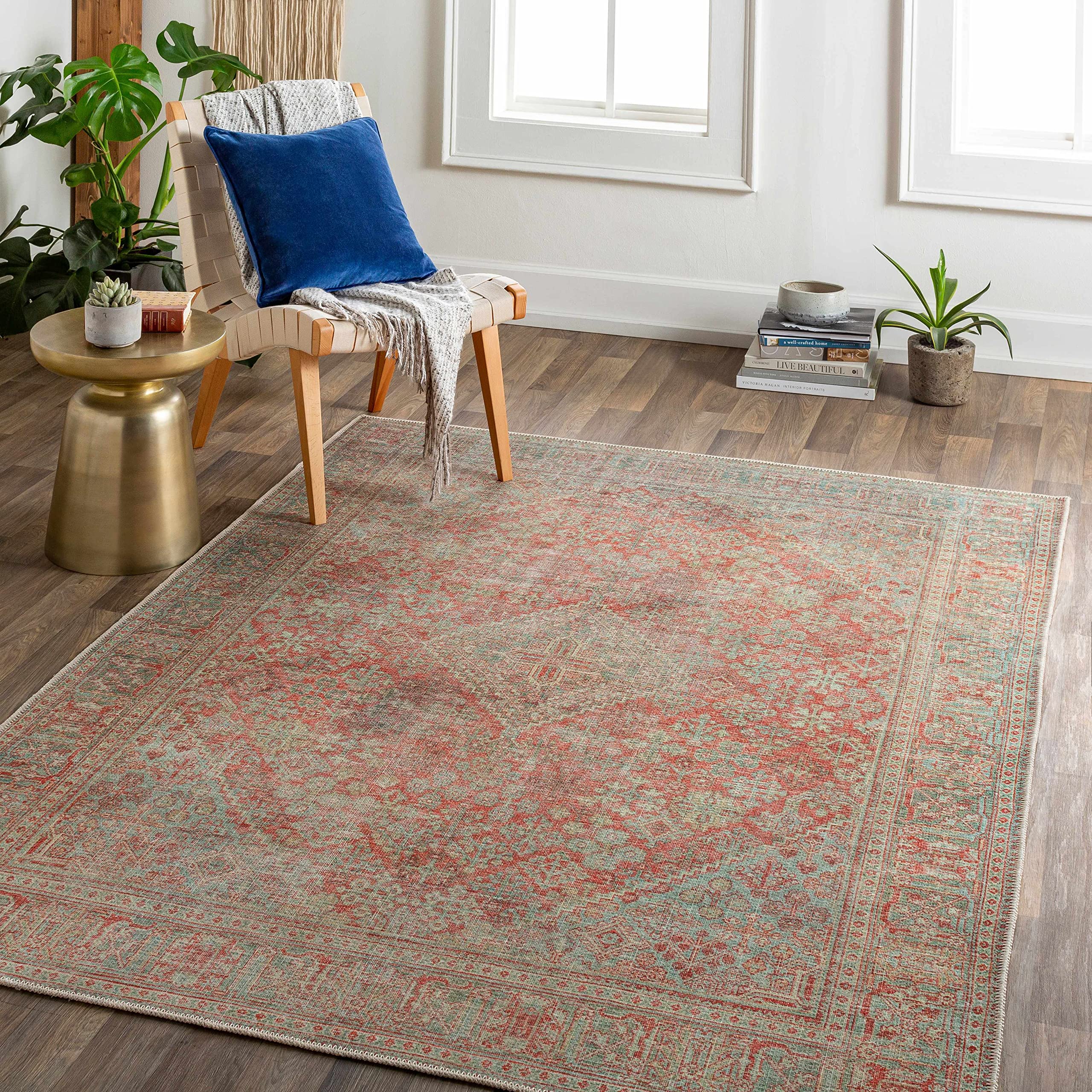 Hauteloom Saguday Washable Area Rug - Traditional Design in Rust, Sage, Beige - 6'7
