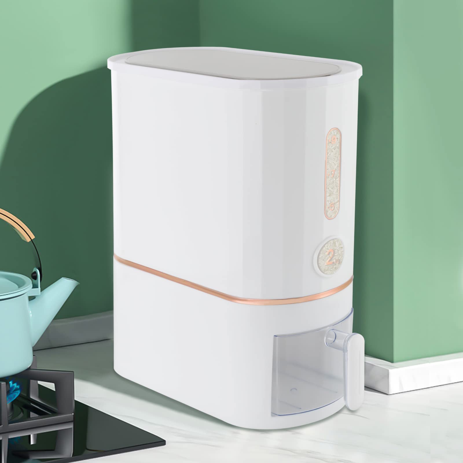 LOYALHEARTDY 22 Lbs Airtight Rice Dispenser with Locking Lid - Large Grain Storage Container with Measuring Cup - Moisture Proof Kitchen Cereal Dispenser for Rice, Soybean, Corn - Perfect for Pantry Organization & Bulk Food Storage