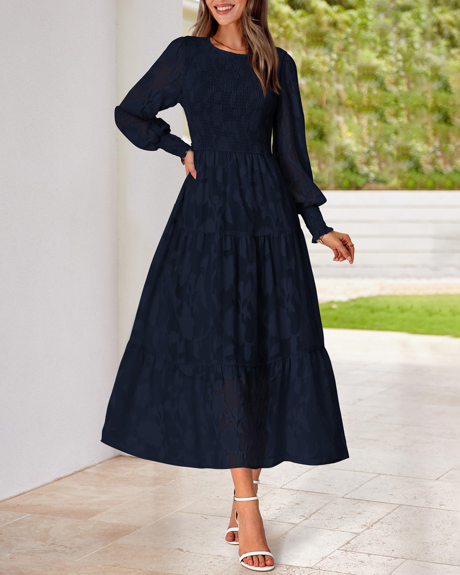 BTFBM Elegant Floral Midi Dress for Women - Long Sleeve Bohemian Wedding Guest Dress - Spring 2025 Casual Flowy Dress for Garden Parties, Bridal Showers & Special Occasions