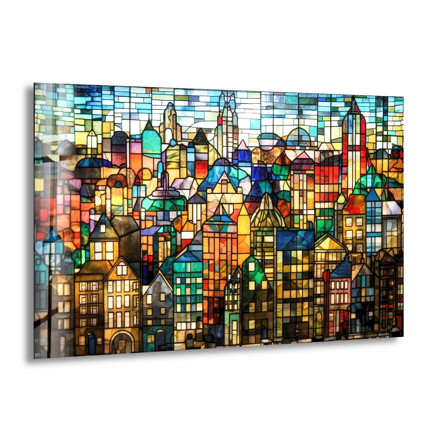 Vibrant Stained Glass City Skyline Wall Art - Modern Urban Landscape Glass Print for Home & Office Decor | Perfect for Living Room, Bedroom, or Office Wall Decor
