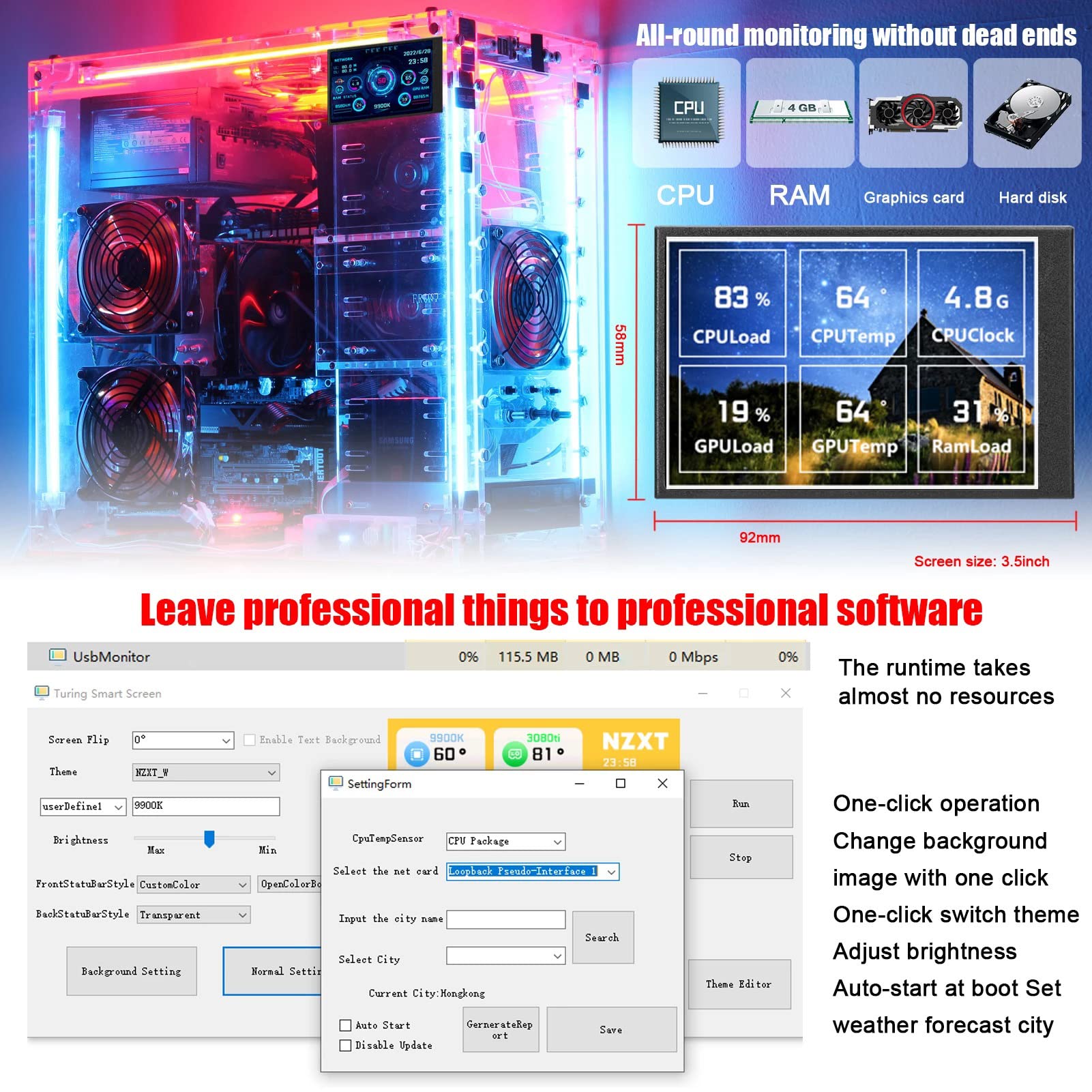 Goshyda 5in IPS USB Mini PC CPU Data Monitor - AIDA64 Sensor Panel Display for Windows System | Real-Time Temperature & RAM Monitoring for Gaming & PC Builds