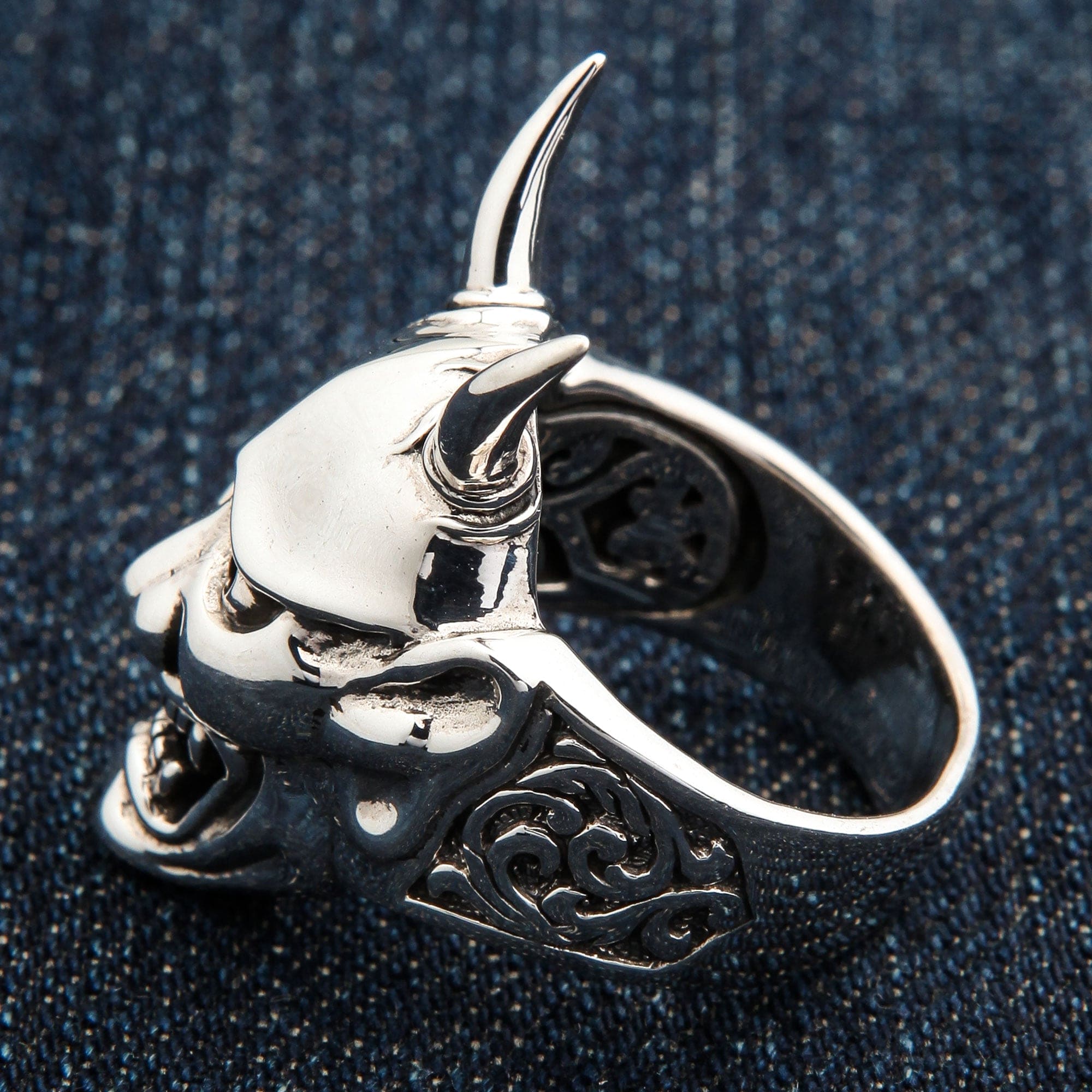 Japanese Oni Mask Sterling Silver Devil Ring - Handcrafted Gothic Jewelry for Men & Women - Perfect for Halloween, Cosplay, and Dark Fashion Accessories