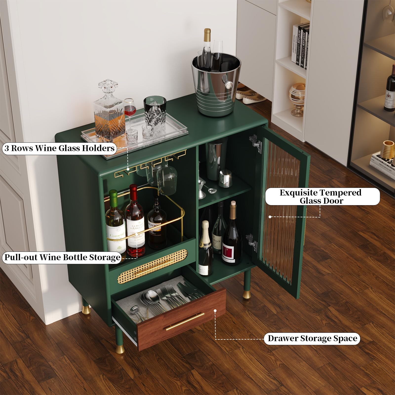 Modern Coffee Bar Cabinet with Wine Glass Rack & Storage Drawers - Green Kitchen Liquor Cabinet with Pull-Out Wine Rack for Dining Room, Living Room & Home Bar - Perfect for Entertaining Guests & Stylish Home Decor