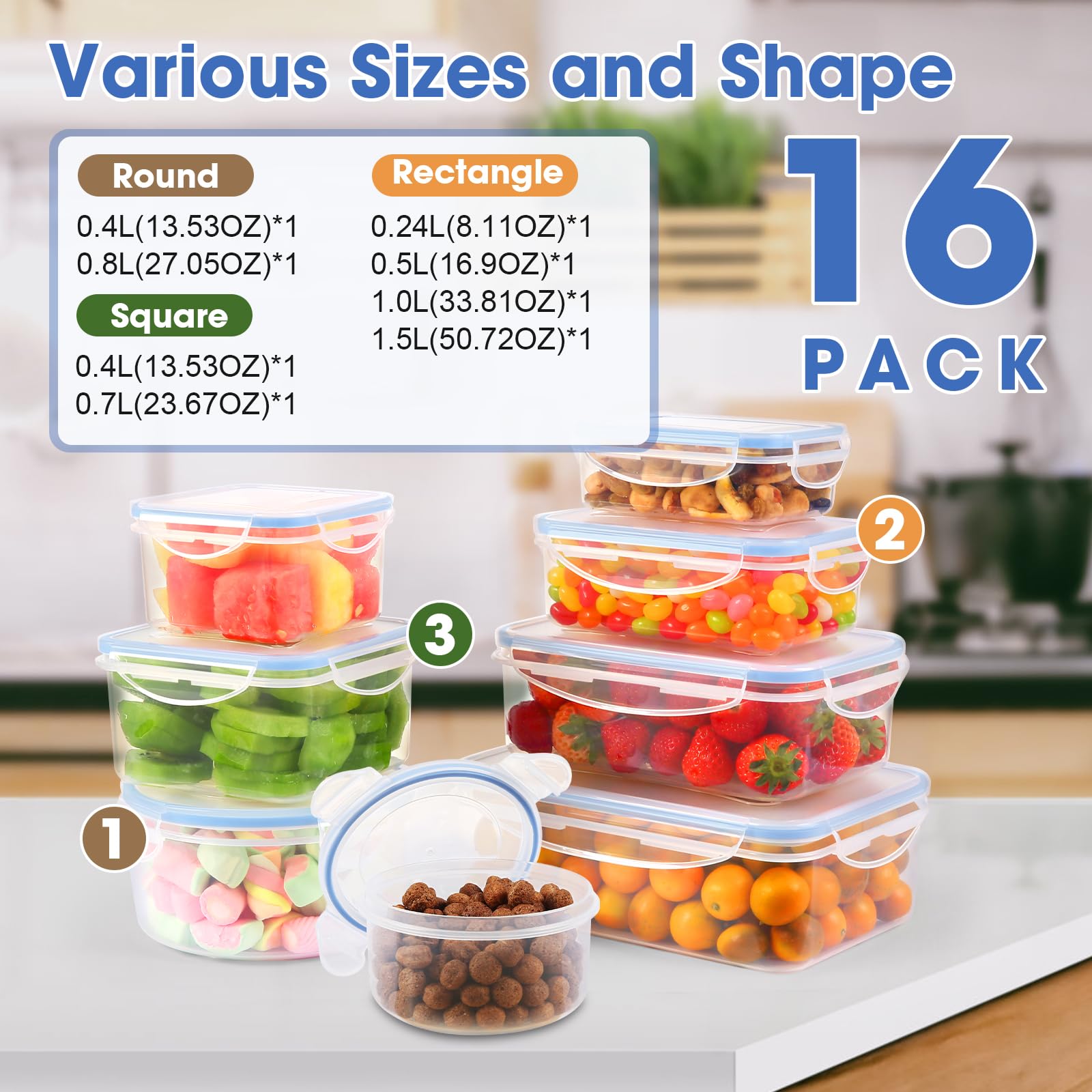 YASHE 16-Piece Airtight Food Storage Containers Set (8 Containers + 8 Lids) - BPA-Free Plastic Kitchen & Pantry Organization - Leakproof, Microwave & Freezer Safe - Perfect for Meal Prep, Leftovers & Bulk Food Storage