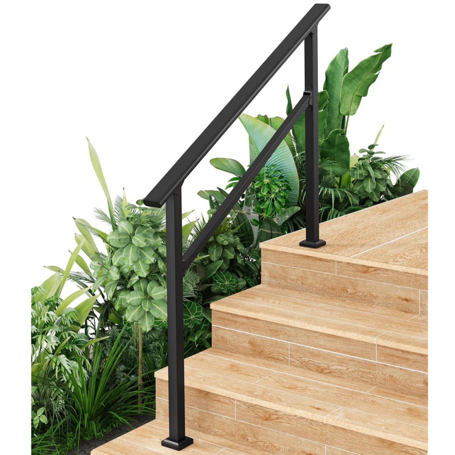 GARVEE 4-Step Black Metal Handrail for Outdoor Stairs - Heavy Duty Stair Railing with Anti-Rust Finish - Perfect for Porch, Deck, Patio, and Garden Steps