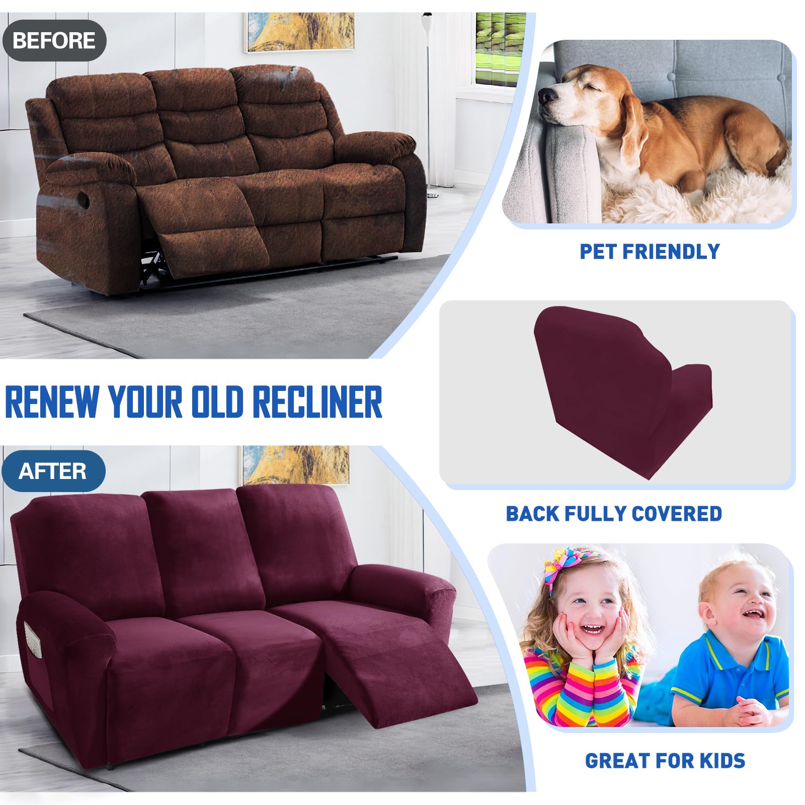 MAXIJIN 8-Piece Stretch Velvet Recliner Sofa Covers Set - Soft, Thick & Washable Slipcovers for 3-Cushion Reclining Couches (Wine Red) - Perfect for Living Room, Home Theater & Family Room Furniture Protection