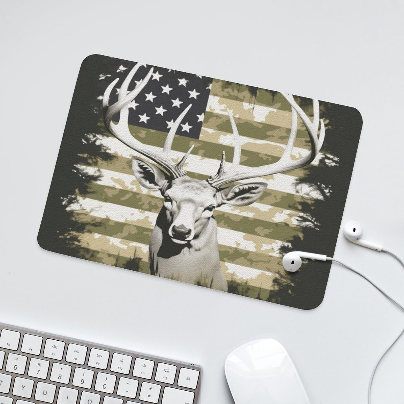 Camouflage Deer Hunting Leather Mouse Pad - Non-Slip Small Black 8x10 Inch Computer Mouse Mat for Gaming & Office Work