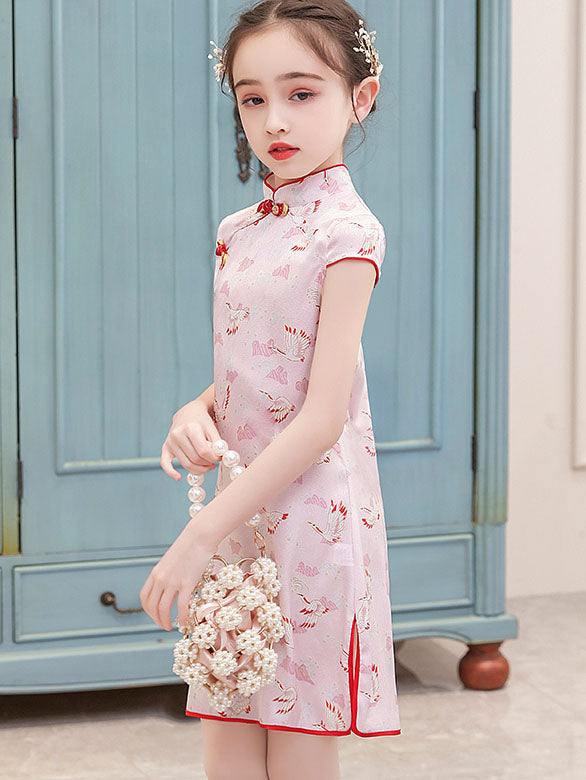 Pink & Green Floral Print Kids Girls Qipao Cheongsam Dress - Traditional Chinese Dress for Special Occasions & Cultural Events
