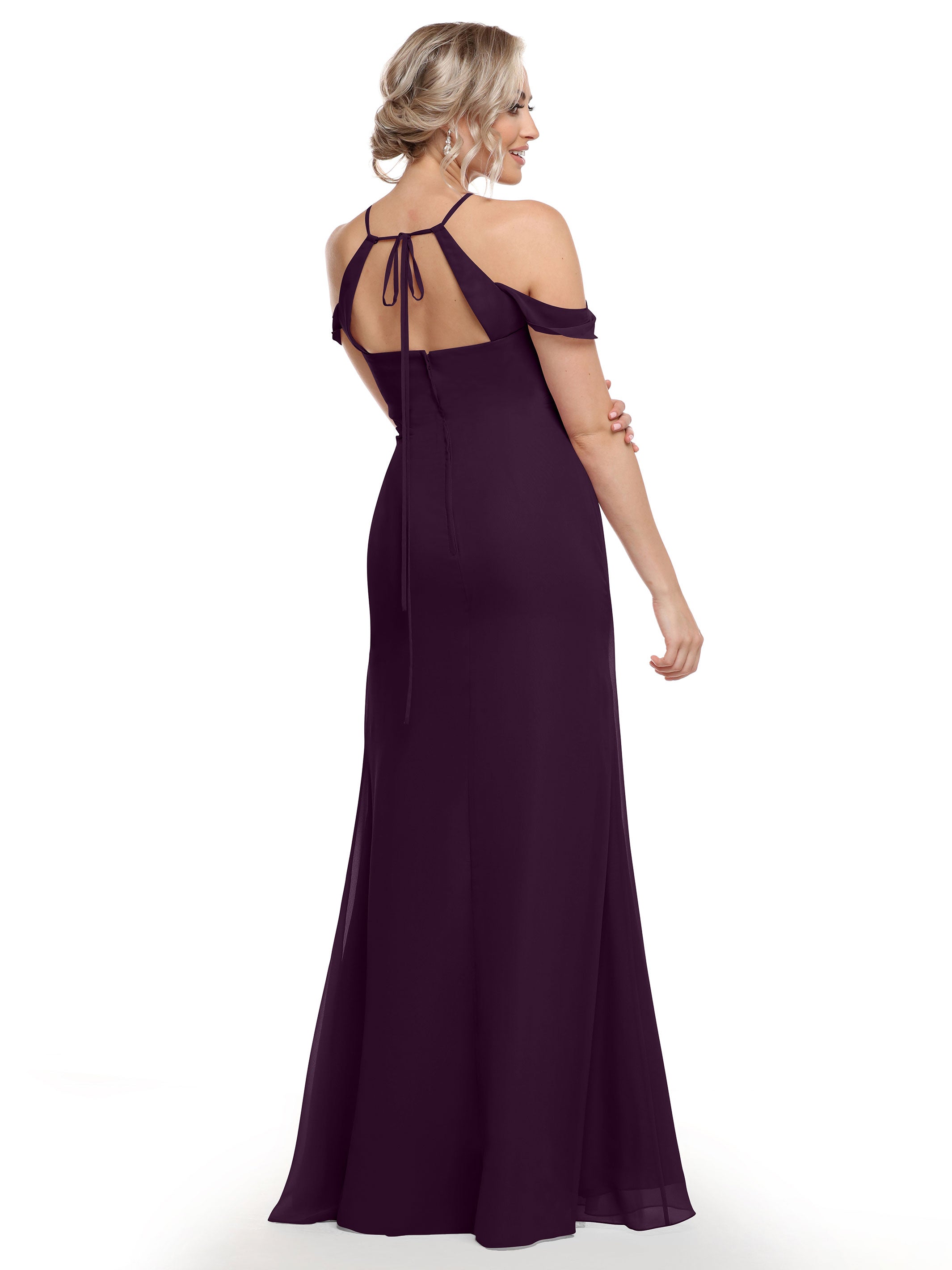 Elegant Off-The-Shoulder Chiffon Bridesmaid Dress with Halter Neckline - Perfect for Weddings, Prom & Formal Events | Style 80148