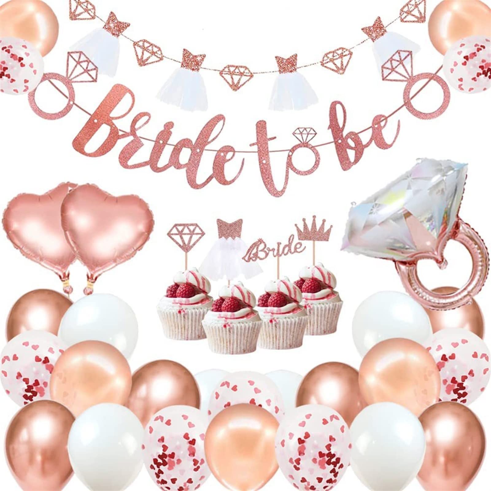 Rose Gold Bachelorette Party Decorations Kit - 38 Pcs Bridal Shower Supplies with Bride to Be Banner, 3D Wedding Dress & Diamond Balloons for Engagement, Wedding & Bachelorette Parties - Perfect for Bridal Showers, Hen Nights & Wedding Receptions (Rose Gold)