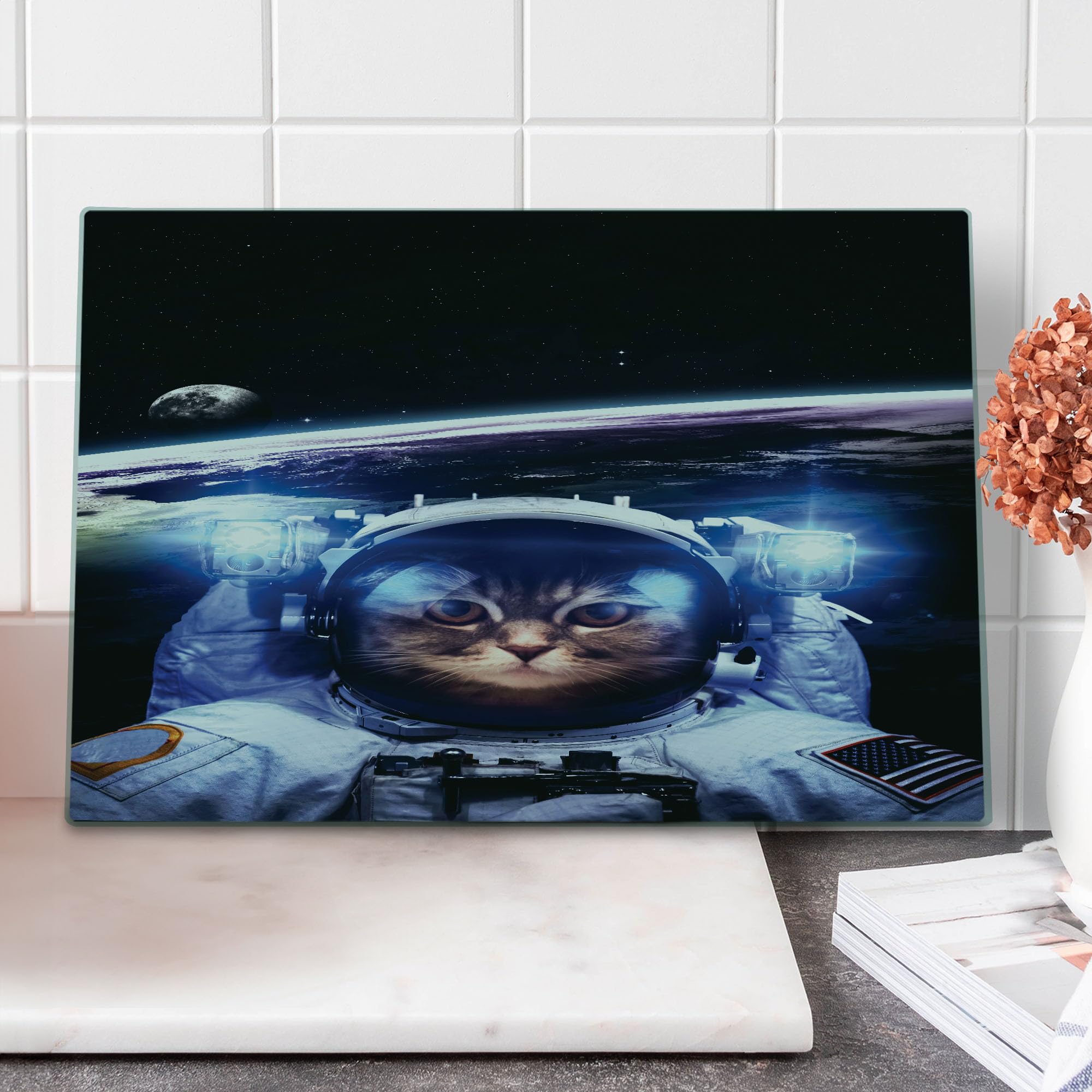 Ambesonne Funny Astronaut Cat Cutting Board - Decorative Tempered Glass Serving Board with Outer Space Explorer Kitty Design, Large Blue & White Kitchen Accessory for Cooking, Entertaining & Gift Giving