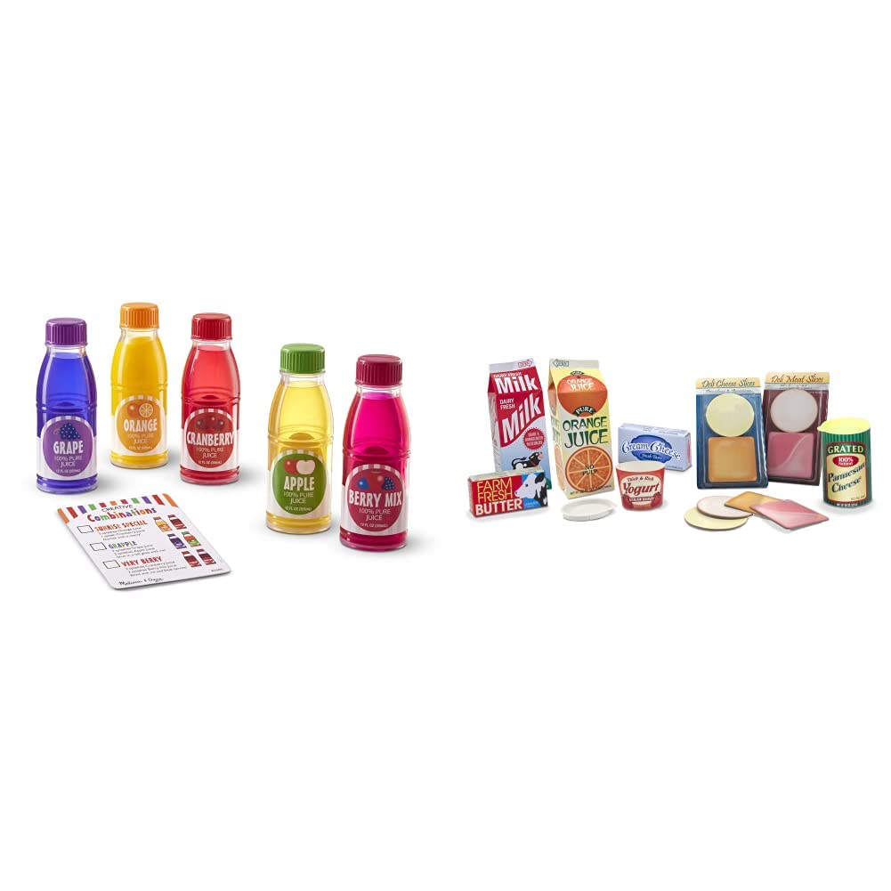 Melissa & Doug Tip & Sip Toy Juice Bottles & Fridge Groceries - Pretend Play Food Set for Kids - Perfect for Kitchen Role Play & Learning Activities