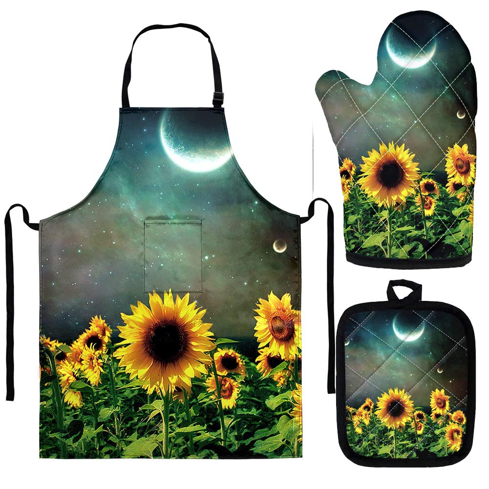 BIGCARJOB Heat-Resistant Sunflower Oven Mitts & Potholders Set (3-Piece) - Non-Slip Kitchen Gloves for Safe Baking, BBQ, Grilling - Indoor & Outdoor Cooking Accessories - Perfect for Home Kitchens, Camping, and Backyard Parties