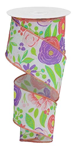 Bold Flower Blooms on Canvas Wired Edge Ribbon - 10 Yards (Coral, Pink, Lavender, Yellow) 2.5 Inch Wide - Perfect for Gift Wrapping, Floral Arrangements, DIY Crafts & Home Decor