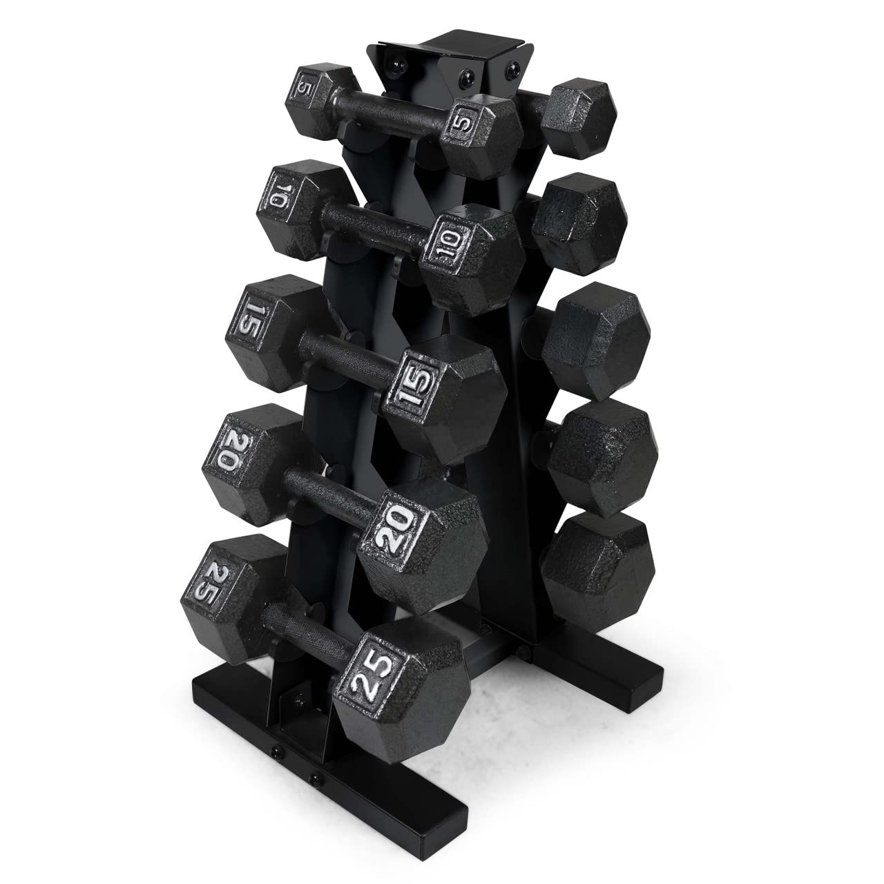 WF Athletic Supply 5-25 Lb Cast Iron Dumbbells Set with A-Frame Storage Rack - Solid Gray/Black Hexagon Free Weights for Weightlifting, Strength Training & Home Gym | Durable Fitness Equipment for Men & Women | Perfect for Garage, Basement & Home Workouts