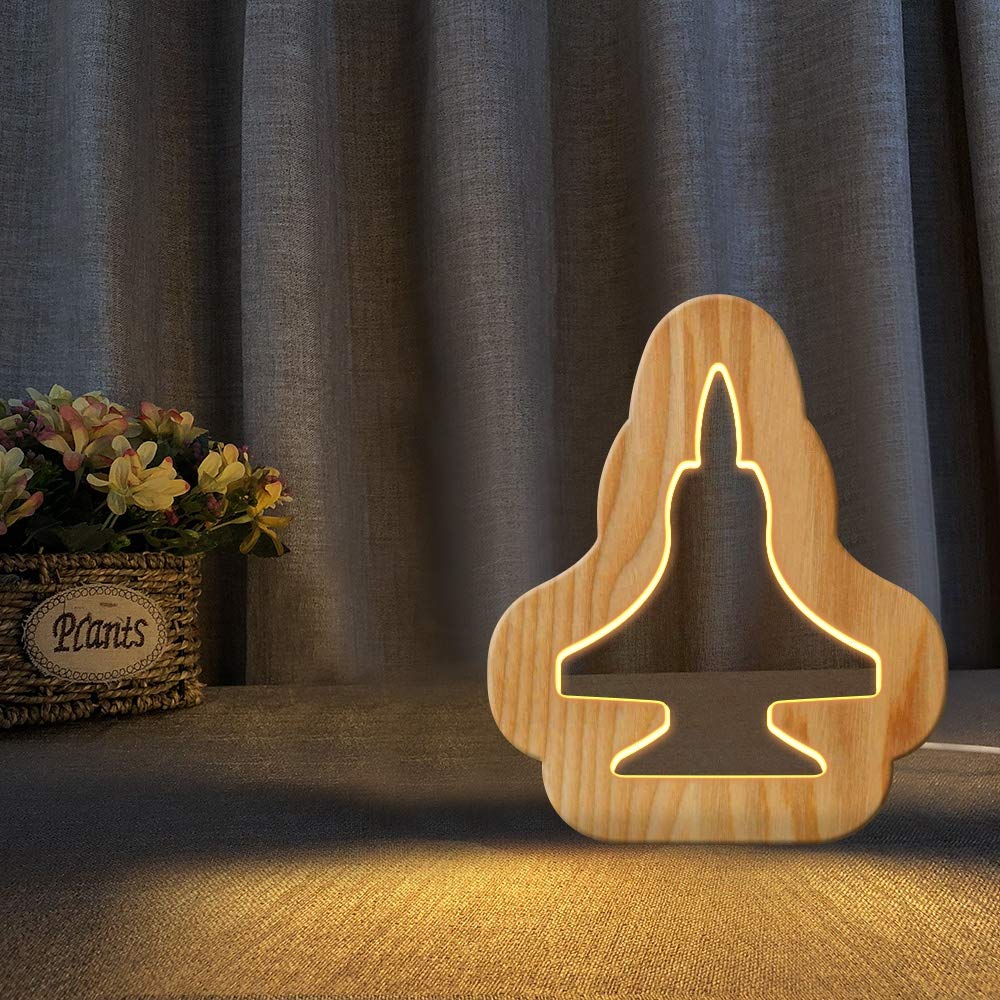 YH Fighter Shape 3D Wooden LED Night Light - Modern Home Decor, Bedroom & Living Room Table Lamp - Perfect Gift for Gamers & Anime Fans - Creates Cozy Ambiance for Relaxation & Gaming Nights