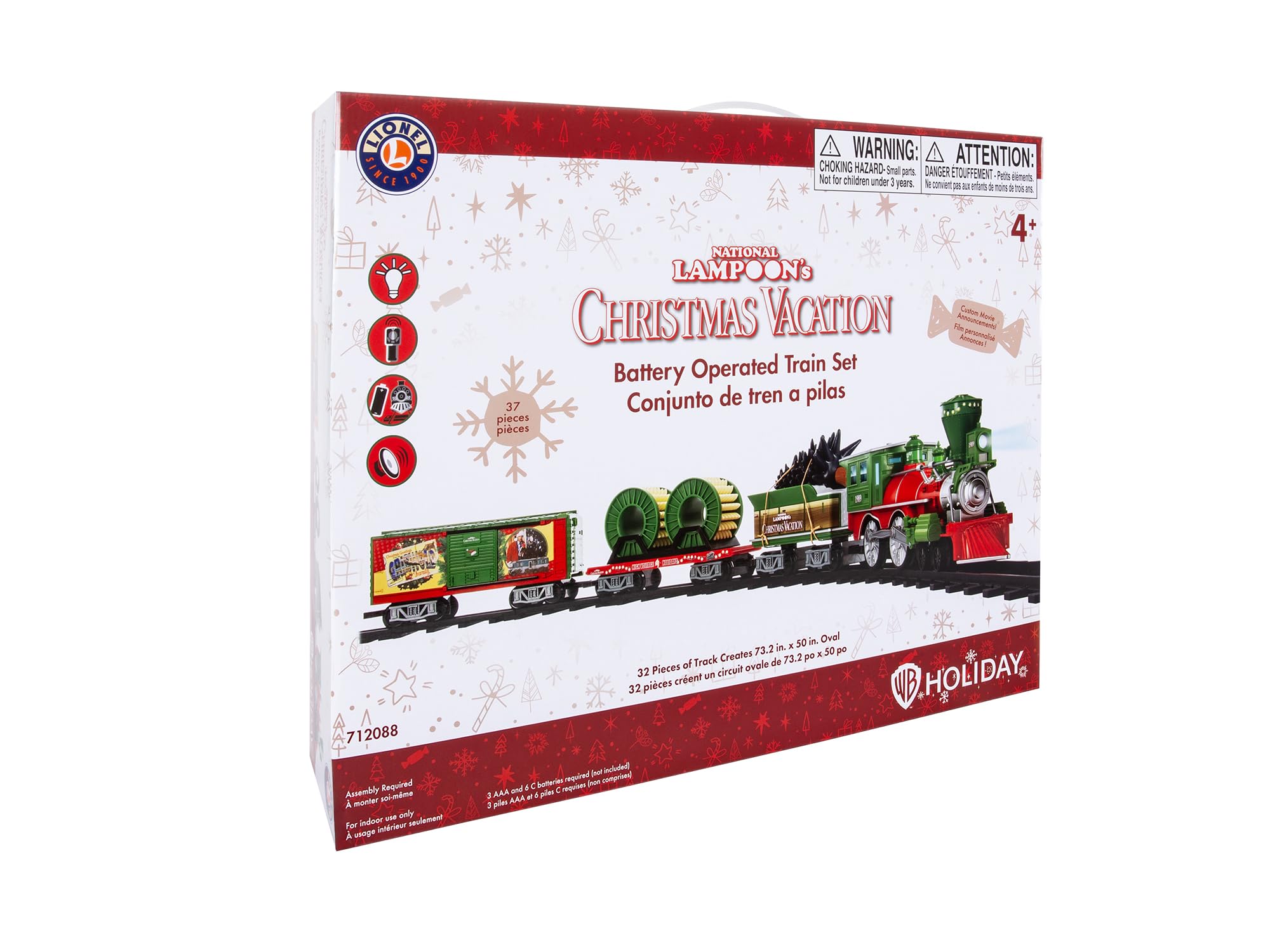 Lionel Battery-Powered Christmas Toy Train Set with Locomotive, 4 Train Cars, 8-Piece Track & Wireless Remote - Realistic Train Sounds & LED Lights for Kids Ages 4+ | Holiday Decor, Gift for Boys & Girls, Christmas Tree Display