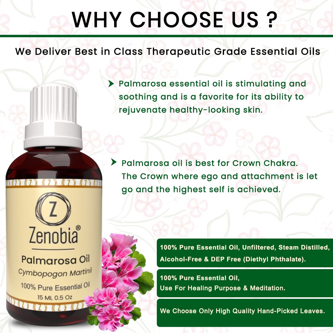 Zenobia Palmarosa Essential Oil - 100% Pure Natural Therapeutic Grade Oil for Hair Growth, Beard Care, Face & Skin Moisturizer (15ml) - Perfect for Aromatherapy, Massage & DIY Beauty Products