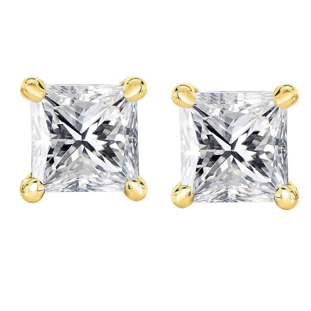 14K Yellow Gold Princess Cut Diamond Stud Earrings - 0.06 ctw Bright White (Color FGH, Clarity I1) - Perfect for Weddings, Anniversaries & Special Occasions