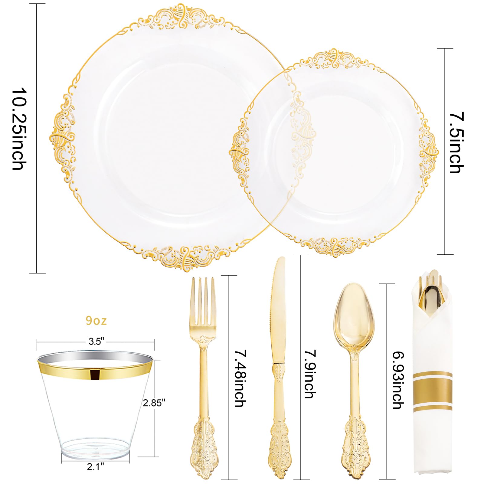 175PCS Clear Gold Plastic Plates Disposable - Elegant Party Dinnerware Set for 25 Guests (50 Plates, 75 Silverware, 25 Cups, 25 Napkins) - Perfect for Weddings, Birthday Parties & Special Events