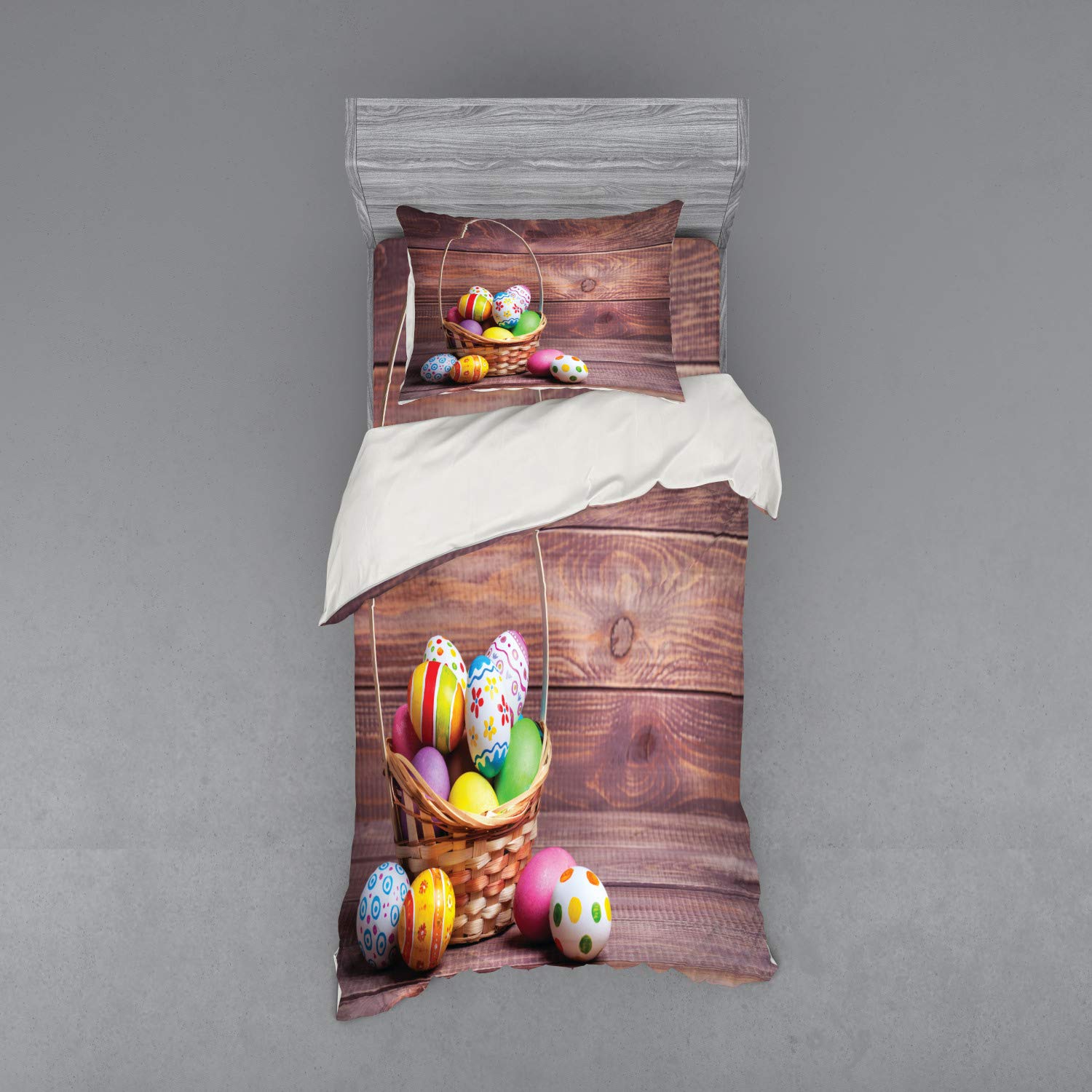 Ambesonne Easter Duvet Cover Set - Colorful Floral Egg Design with Polka Dots in Woven Basket on Rustic Wood Background, 3-Piece Twin Size Bedding Set with Sham & Fitted Sheet | Perfect for Spring Decor, Easter Bedroom Makeover & Seasonal Home Styling