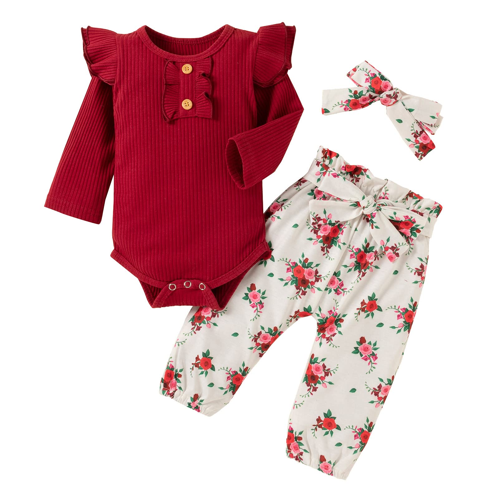 Adorable Baby Girl Newborn Clothes Set - Ribbed Romper with Ruffle Sleeves & Floral Pants + Headband | Soft Cotton Infant Outfit for 0-24 Months | Perfect for Photo Shoots, Playdates & Special Occasions