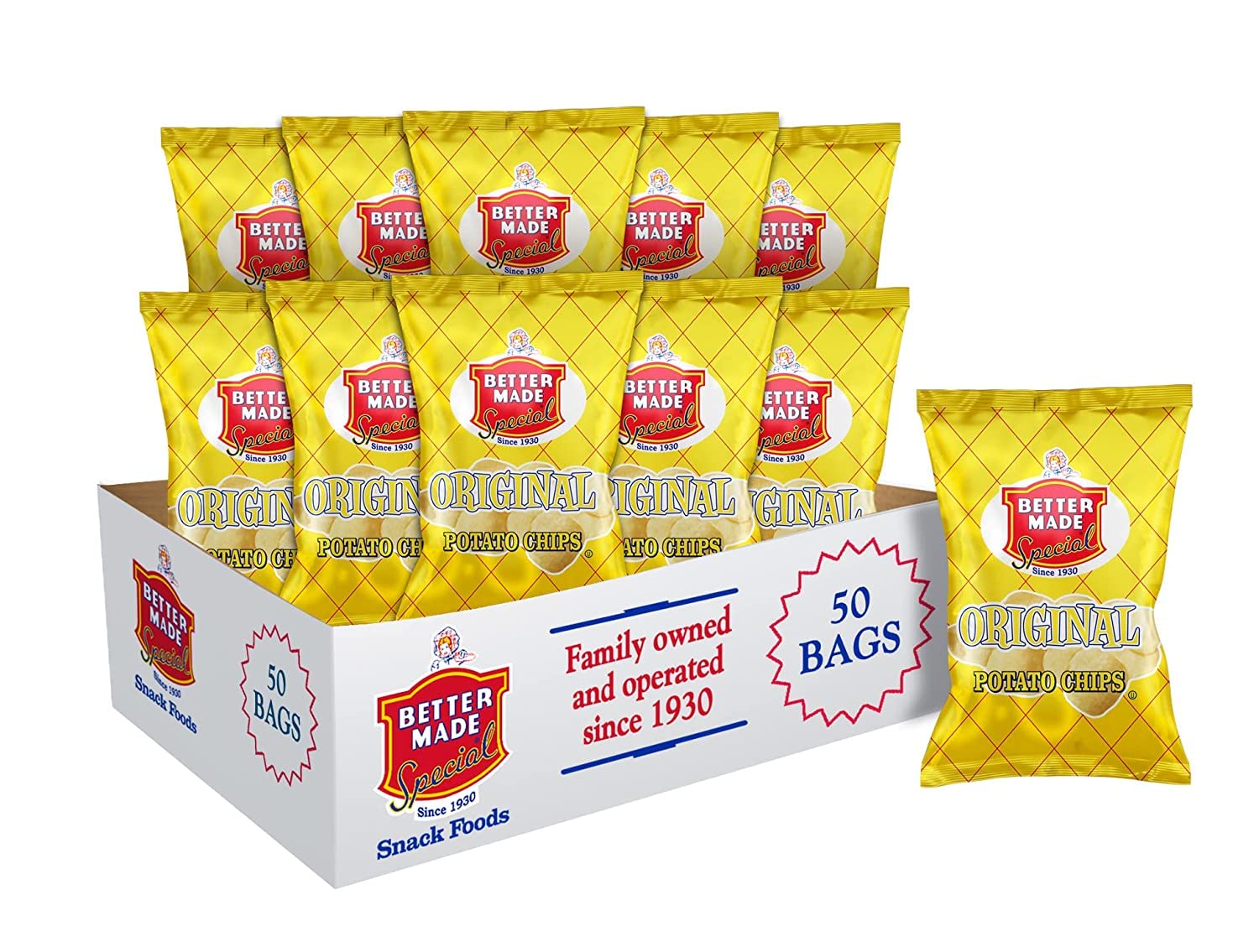Better Made Original Potato Chips - 50 Pack (50 x 1 oz Bags) | Crunchy Fresh Potato Snacks | Family-Owned Detroit Brand | Perfect for Parties, Lunchboxes & On-the-Go Snacking