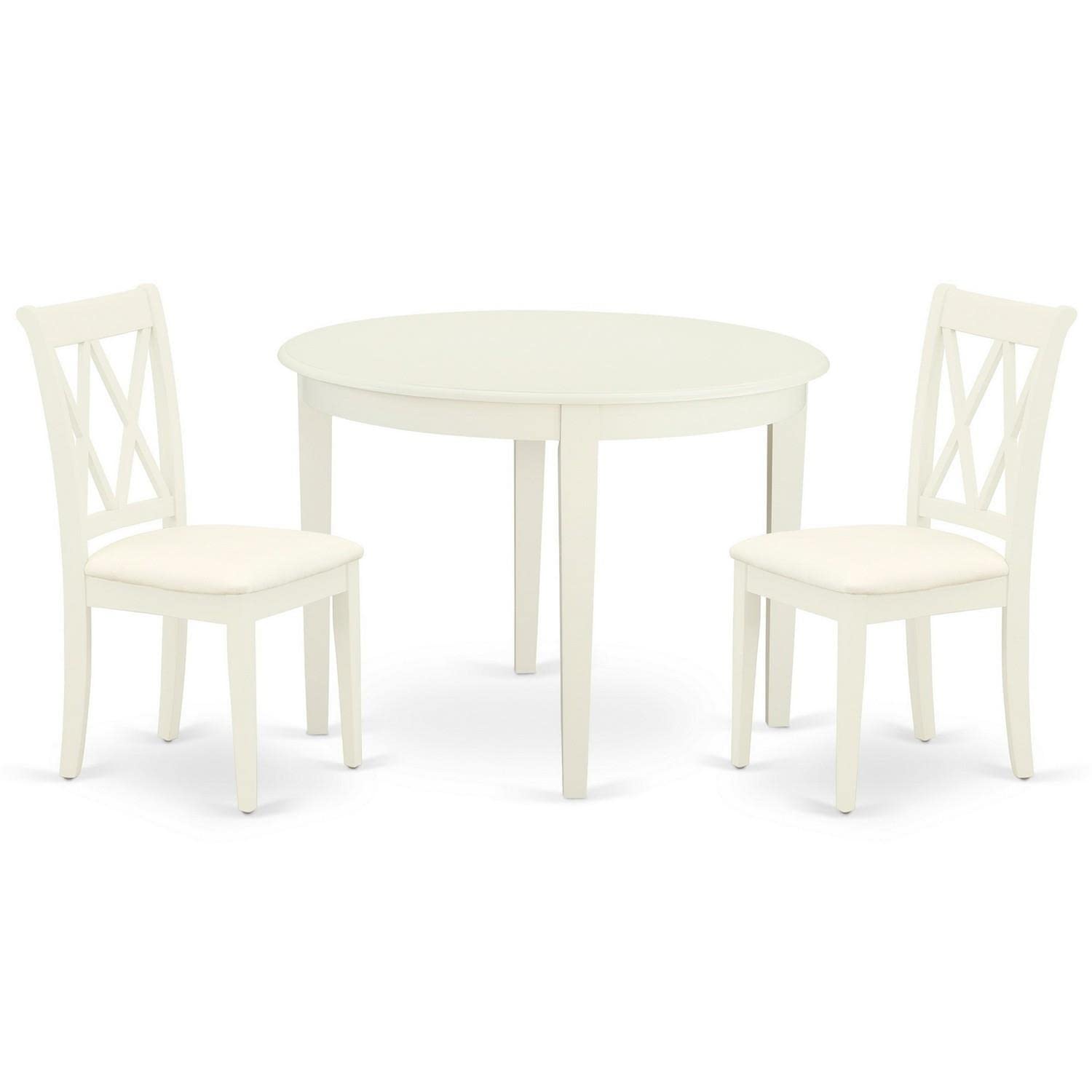 East West Furniture BOCL3-WHI-C 3-Piece Round Wooden Dining Table Set with 2 Linen Fabric Chairs, 42x42 Inch, White - Perfect for Small Kitchens, Breakfast Nooks & Cozy Dining Spaces