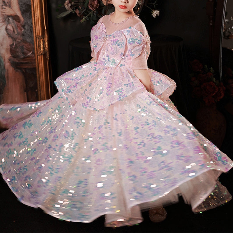 Flower Girl Dress for Kids - Pink Sequined Communion Gown with Puffy Sleeves - Perfect for Weddings, Pageants, and Special Occasions