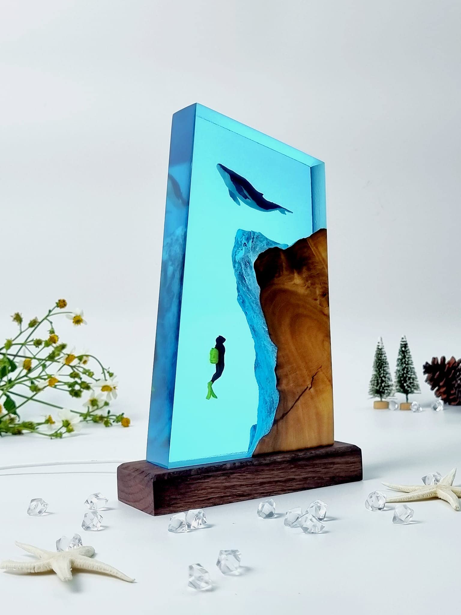 Sea Whale Diver Night Light - Color Changing Resin Wood Lamp, Modern Vintage Home Decor, Unique Gift for Mom & Dad (6x9 Inch) - Perfect for Bedroom, Living Room & Nursery Night Light
