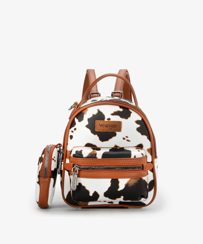 Wrangler Cow Print Mini Backpack for Women - Trendy Western Style Small Purse for Travel, School & Daily Use