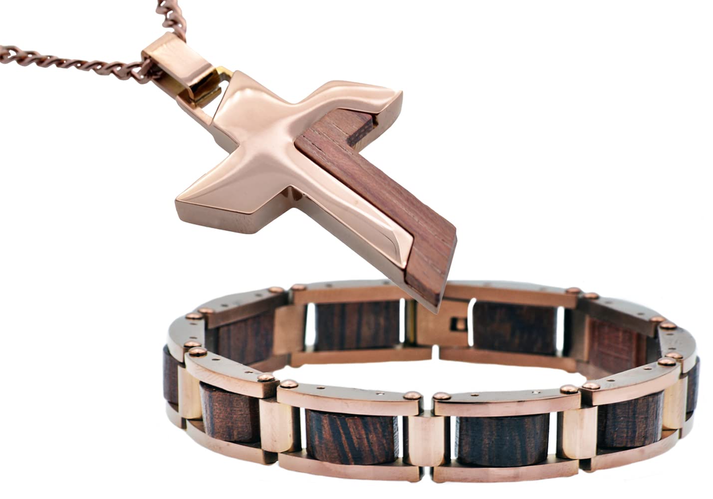 Men's Blackjack Jewelry Set - Wood & Chocolate Stainless Steel Cross Pendant & Bracelet for Everyday Wear | Religious Gift for Him, Casual & Formal Outfits