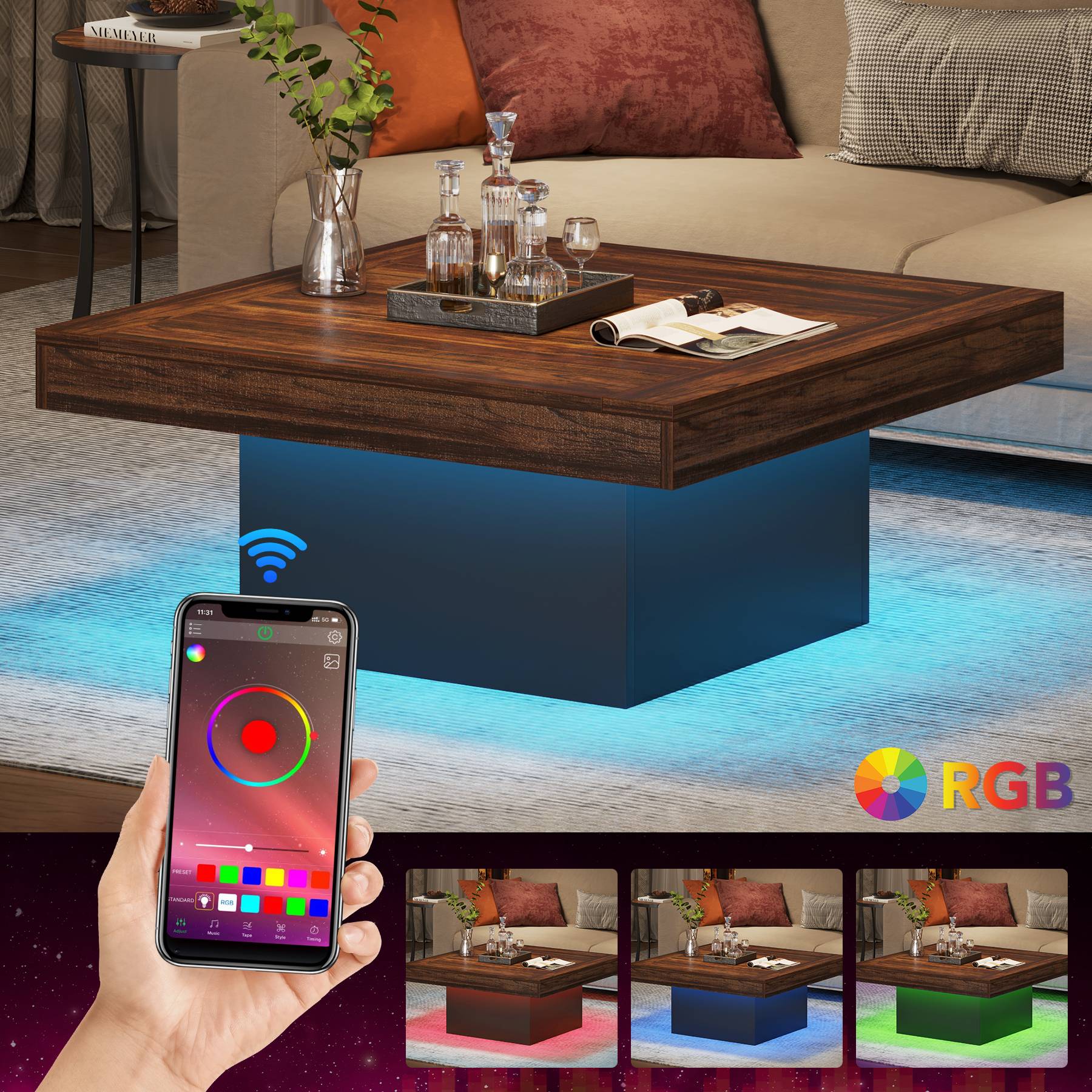 Modern Square Coffee Table with LED Lights - Rustic Farmhouse Wood Cocktail Table for Living Room, Lounge & Home Decor