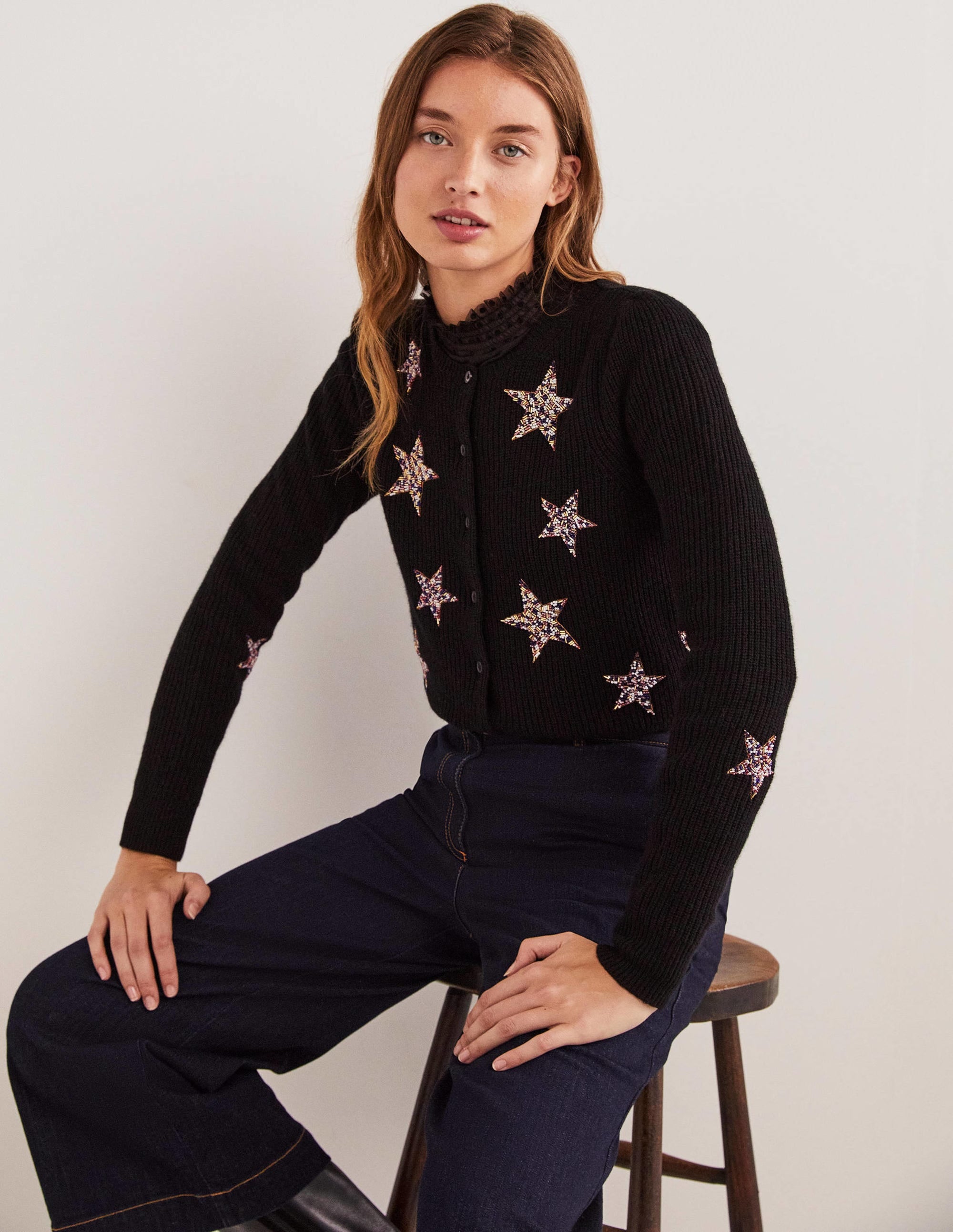 Black Star Embellished Ribbed Cardigan for Women - Elegant Long Sleeve Open Front Sweater with Sparkling Star Details | Perfect for Fall Layering, Date Nights & Casual Outfits