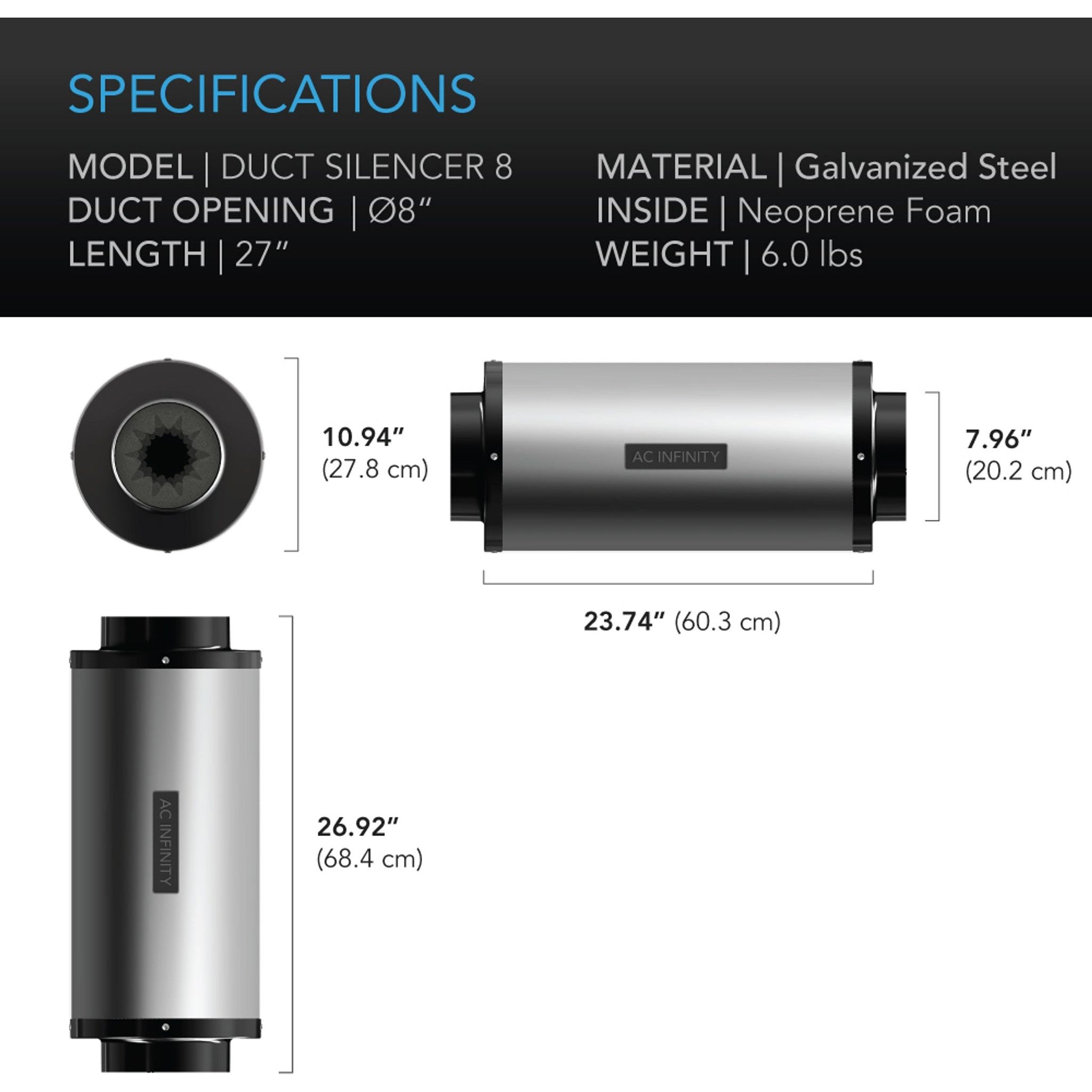 AC Infinity 8-Inch Duct Silencer - Noise Reducing HVAC Duct Muffler for Quiet Airflow in Home, Office & Grow Room Ventilation Systems