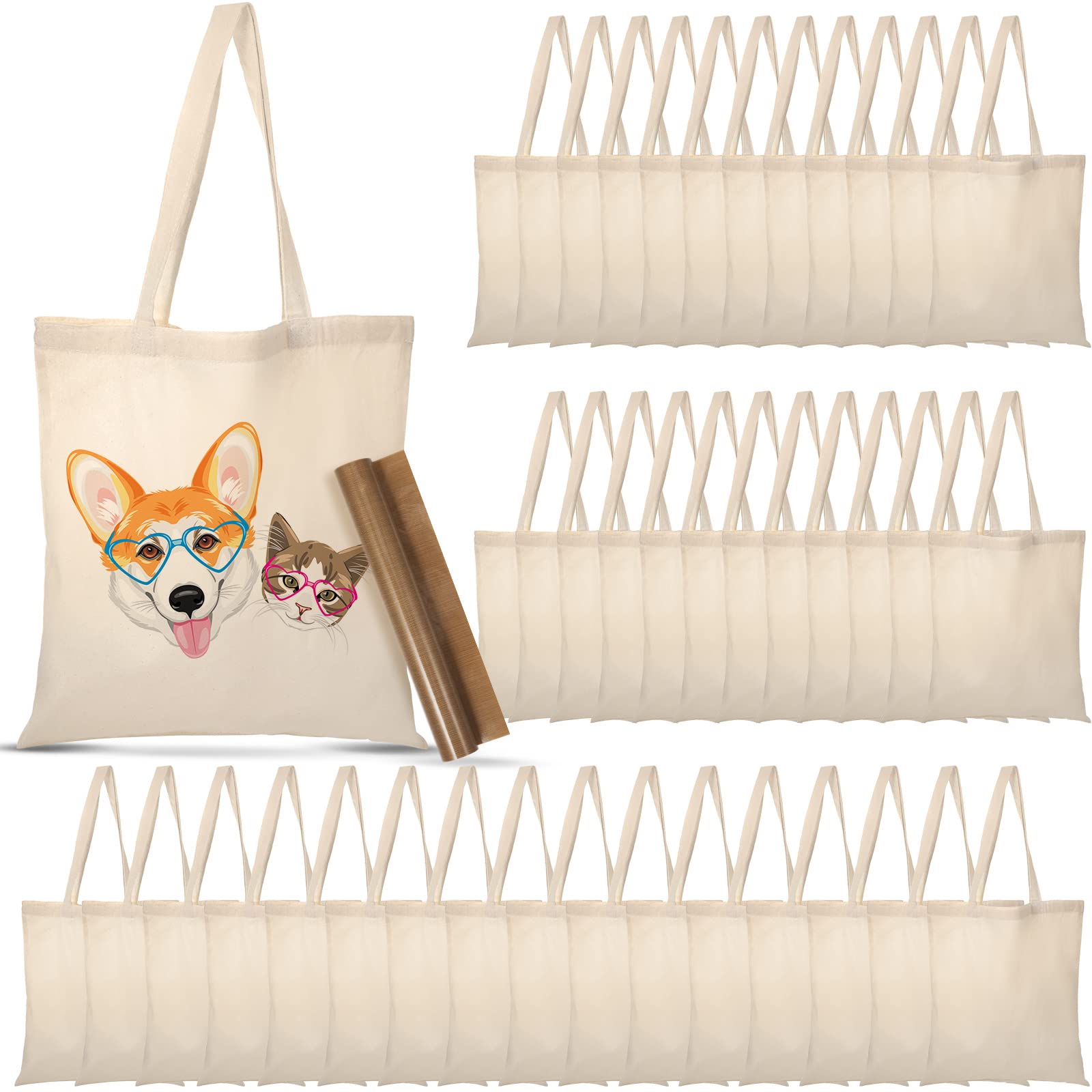 40 Pack Blank Natural Cotton Canvas Tote Bags Bulk - Sublimation Ready Reusable Grocery Shopping Bags with PTFE Sheet for Heat Transfer DIY Crafts, Gifts, Events & Farmers Market (White) - Perfect for Custom Designs, Promotional Giveaways & Eco-Friendly Shopping