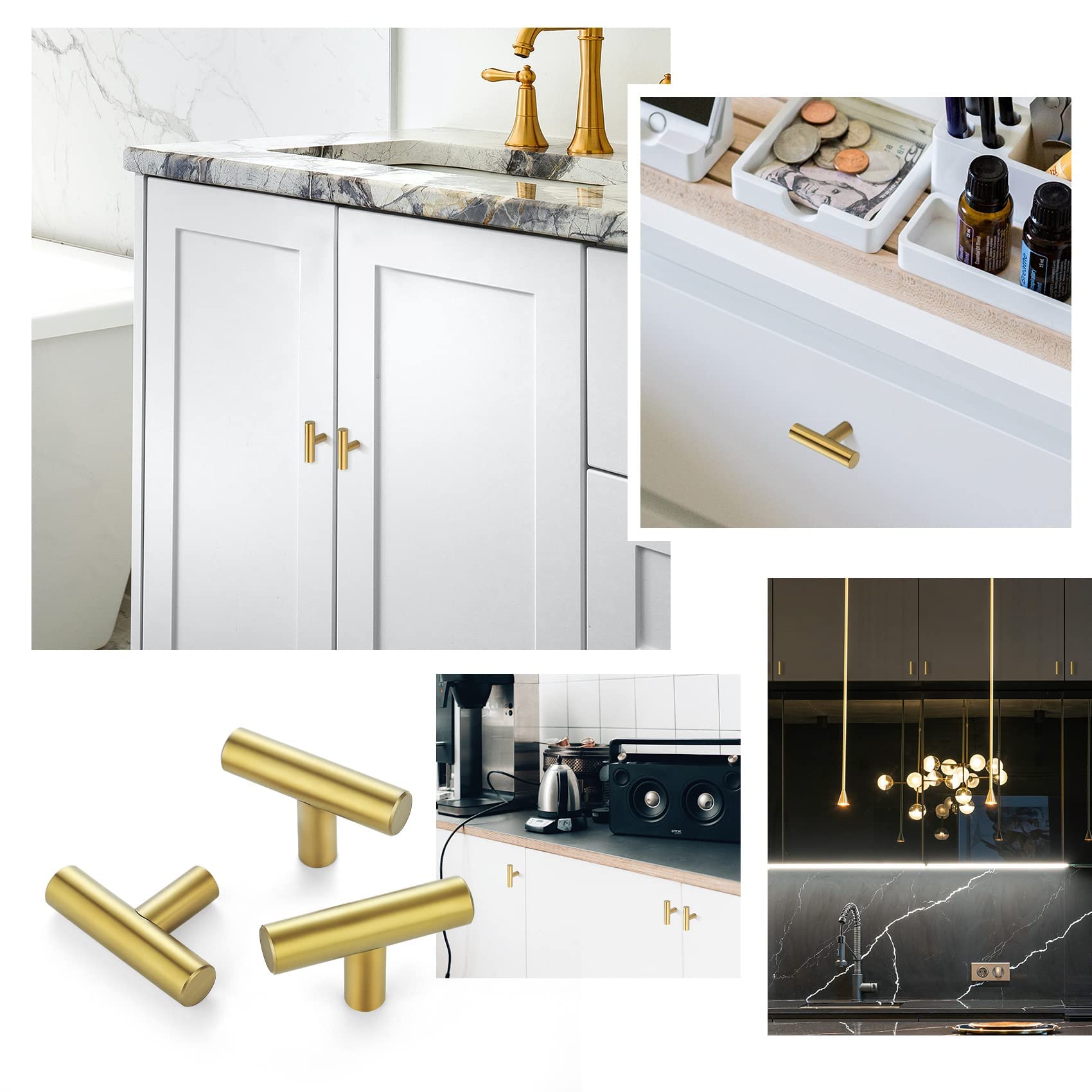 Gold T Bar Cabinet Knobs 15 Pack - Brushed Brass Drawer Handles for Dressers & Cabinets