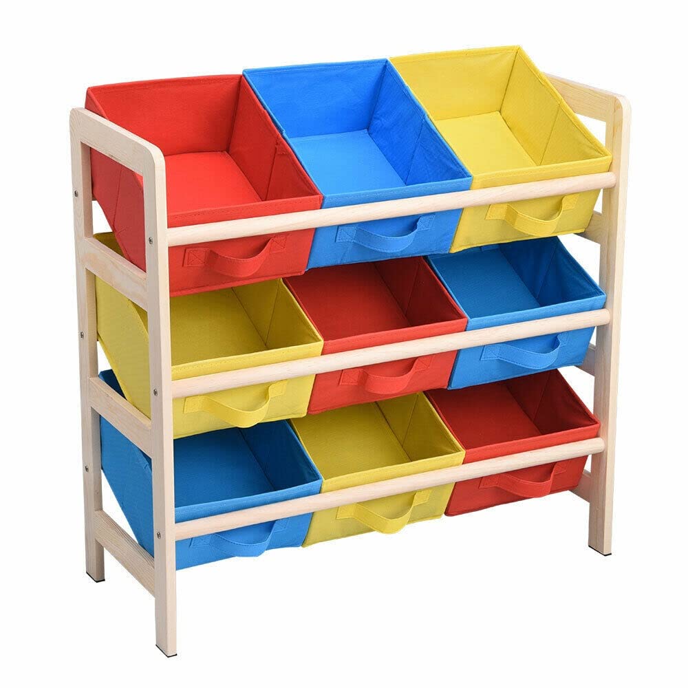 Wooden Toy Storage Organizer with 9 Removable Bins - Kids Room Organization Shelf for Toys, Books & Games - Perfect for Playrooms, Bedrooms & Daycare Centers