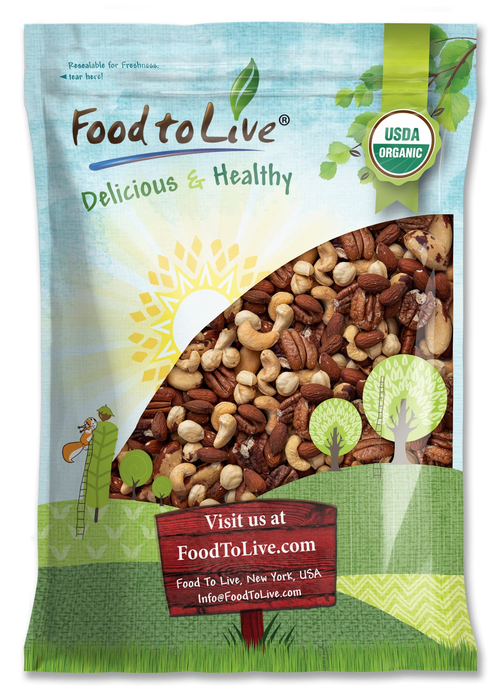 Food to Live Organic Deluxe Unsalted Nuts Mix, 8 Pounds – Premium Blend of Dry Roasted Organic Raw Pecans, Cashews, Hazelnuts, Almonds, and Brazil Nuts | Non-GMO, Oven Roasted, No Oil Added, Kosher, Vegan Certified | Perfect for Snacking, Baking, and Healthy Recipes
