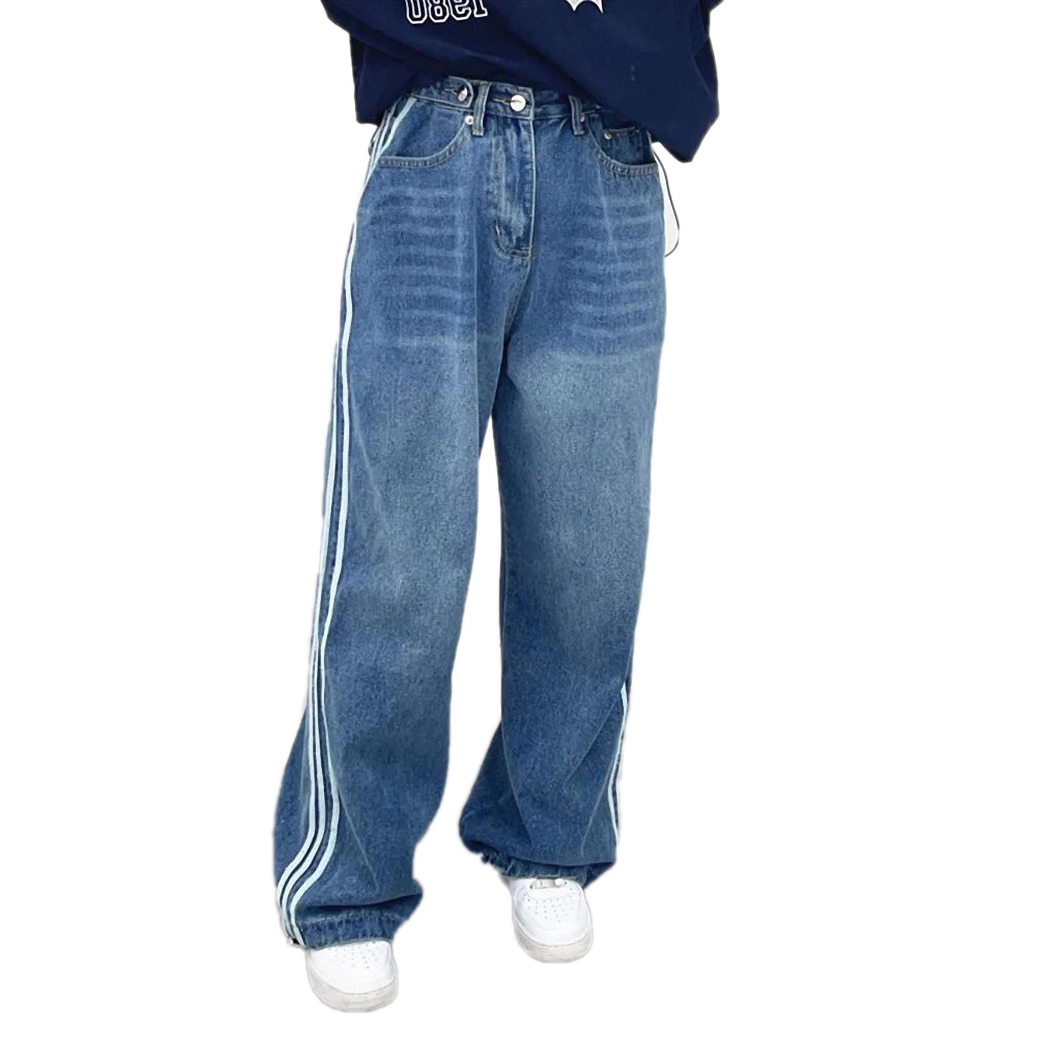 Y2K Washed Blue Stripe Baggy Jeans for Women - High Waisted Wide Leg Denim Pants, Goth Streetwear Fashion | Perfect for Casual Outfits, Parties & Retro Style