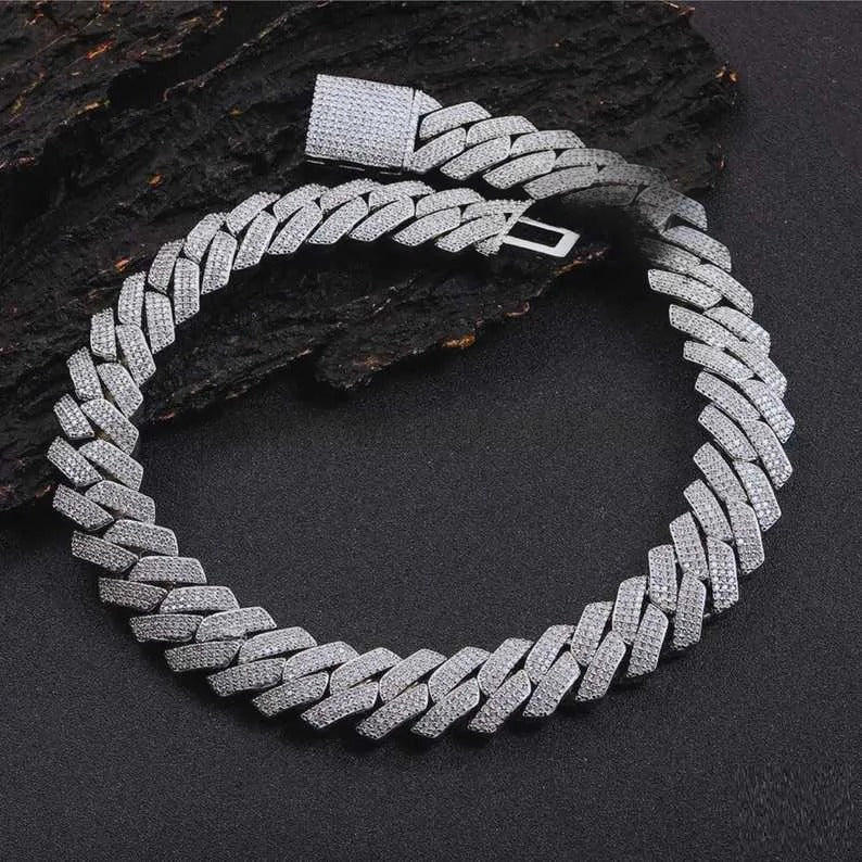 24K Silver Plated VVS Moissanite Iced Out Cuban Link Chain Necklace for Men - Hip Hop Jewelry, Gift for Him, Birthday & Anniversary Present