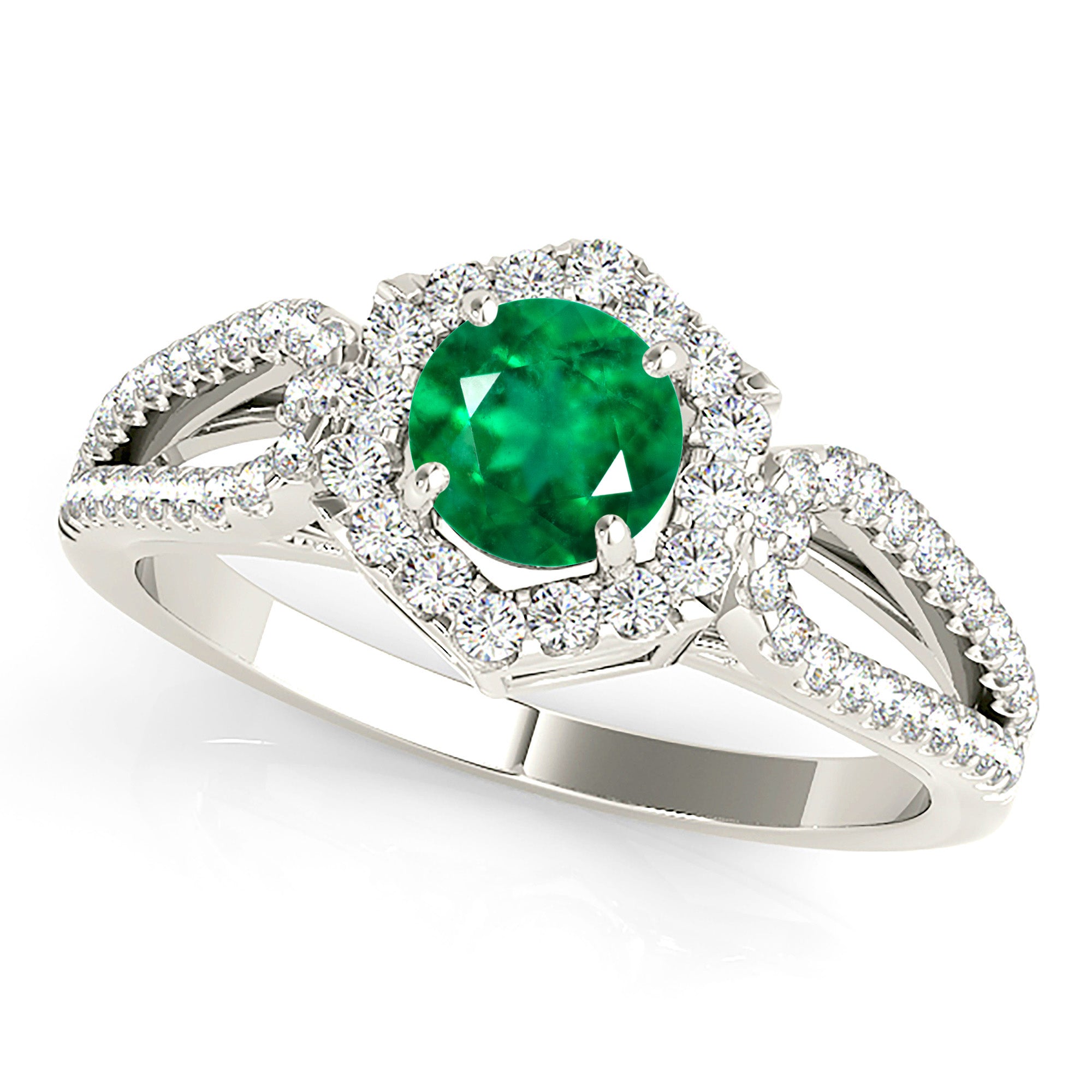 1.15 Carat Genuine Emerald Ring with Halo Setting & Open Leaf Split Shank Band - Elegant Wedding, Anniversary, or Special Occasion Jewelry Gift