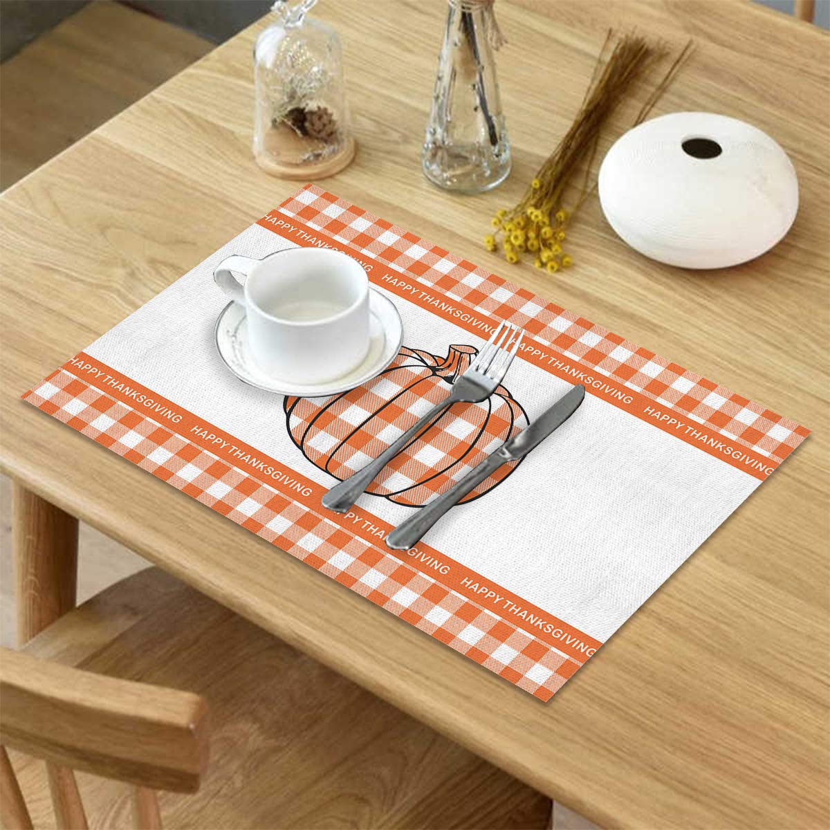 Xspring Set of 4 Thanksgiving Placemats - Heat Resistant, Washable Burlap Placemats for Dining Table, Round Table & Outdoor Patio - Autumn Pumpkin Orange Plaid Design for Fall Decor & Holiday Gatherings