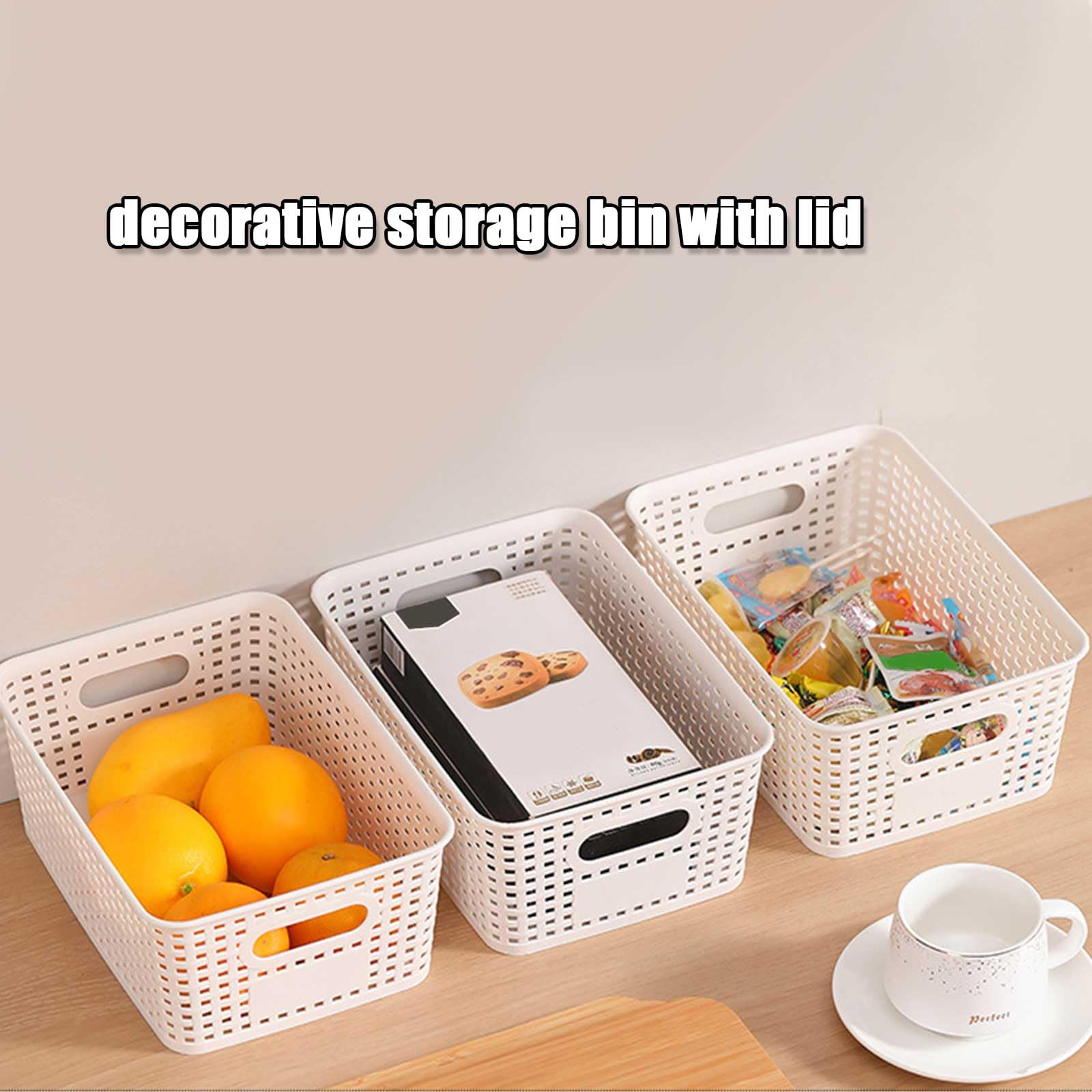 LASIEYO 6-Pack Decorative Storage Bins with Bamboo Lids - Plastic Organizer Baskets for Pantry, Kitchen, Bathroom & Home Organization - Space-Saving Storage Containers for Closet, Office & Nursery