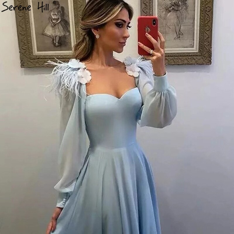 Elegant Muslim Blue Chiffon Evening Dress with Ostrich Feather Trim - A-Line Party Gown for Women 2025 | Perfect for Weddings, Galas & Formal Events