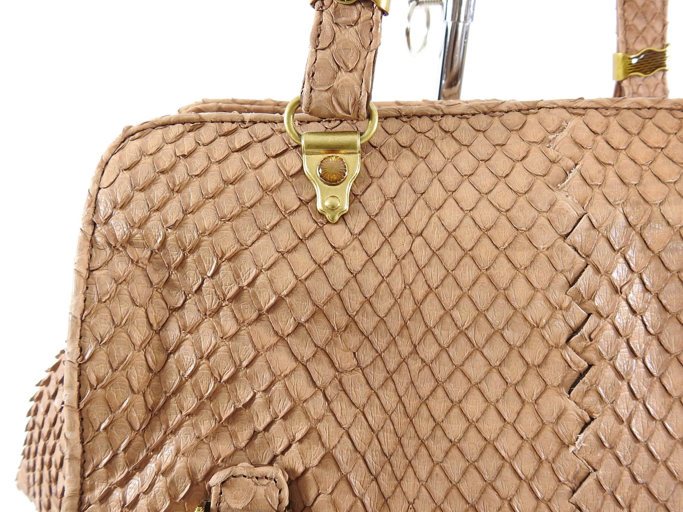 Bottega Veneta Dark Nude Python Double Handle Luxury Handbag - Perfect for Evening Events, Parties & Special Occasions