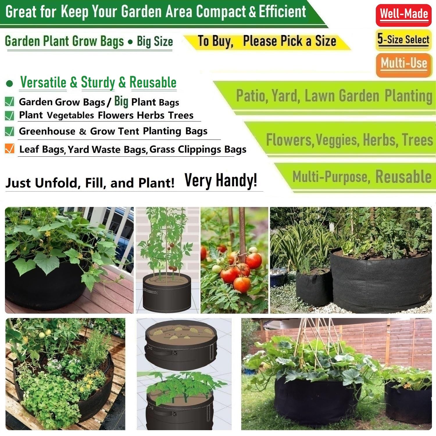 **3-Pack 20 Gallon Thickened Fabric Grow Bags (22x12 Inch) - Heavy Duty Garden Plant Pots for Tomatoes, Potatoes, Herbs & Vegetables - Ideal for Planting, Yard Waste & Leaf Collection**